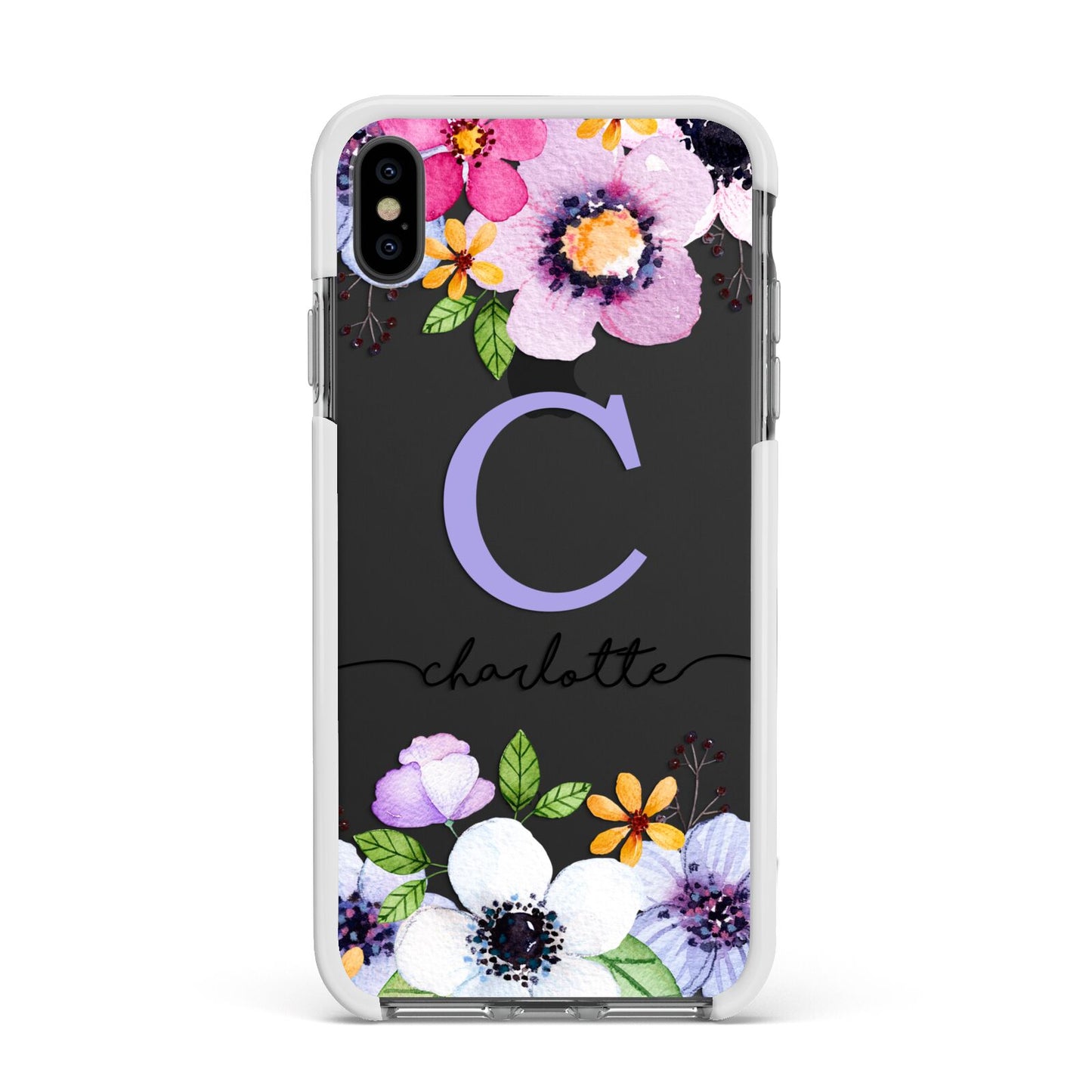 Personalised Violet Flowers Apple iPhone Xs Max Impact Case White Edge on Black Phone