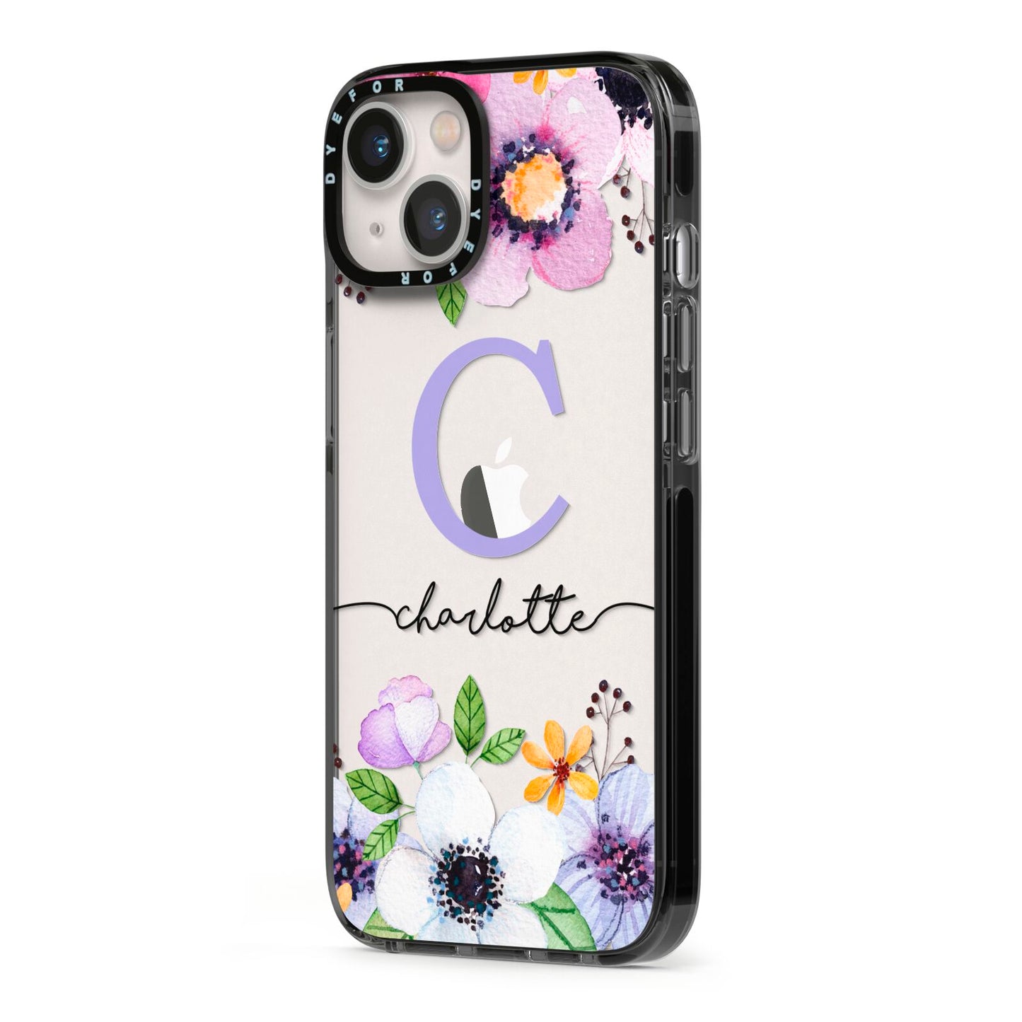 Personalised Violet Flowers iPhone 13 Black Impact Case Side Angle on Silver phone