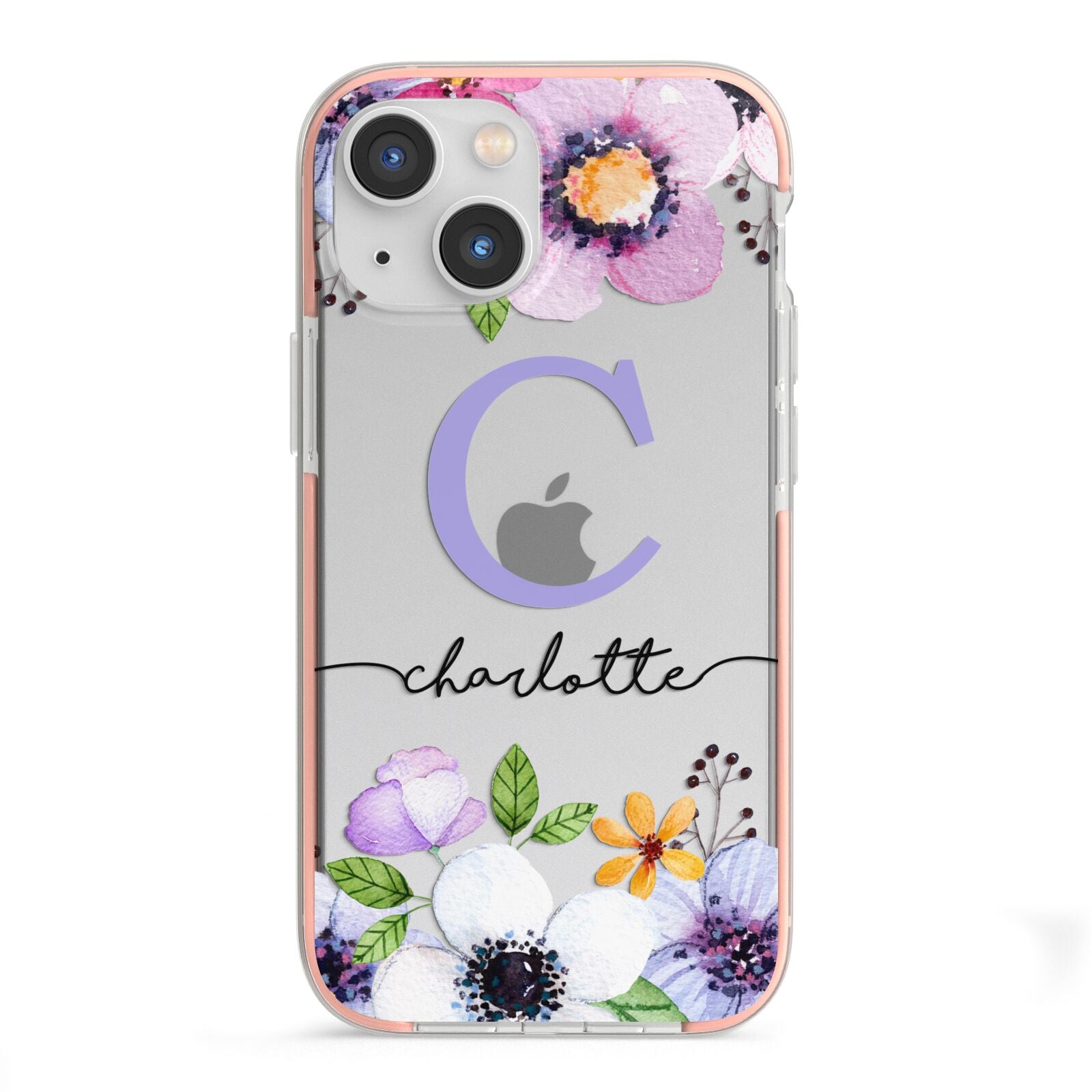 Personalised Violet Flowers iPhone 13 Mini TPU Impact Case with Pink Edges