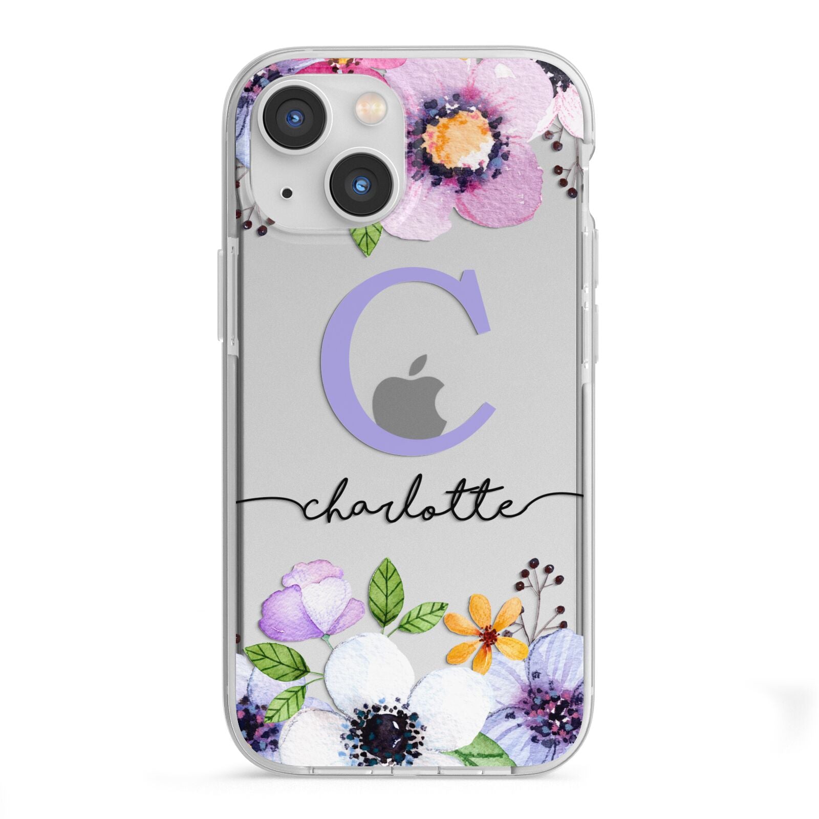Personalised Violet Flowers iPhone 13 Mini TPU Impact Case with White Edges