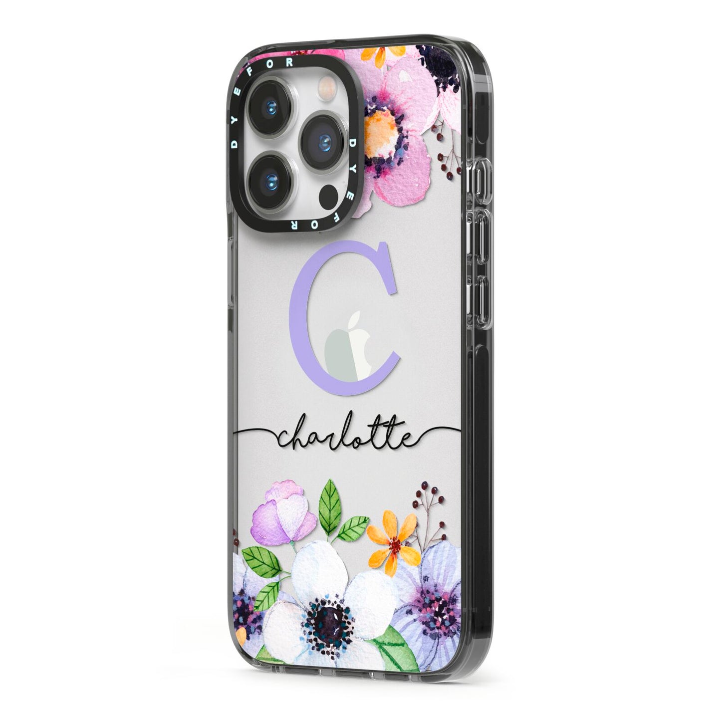 Personalised Violet Flowers iPhone 13 Pro Black Impact Case Side Angle on Silver phone
