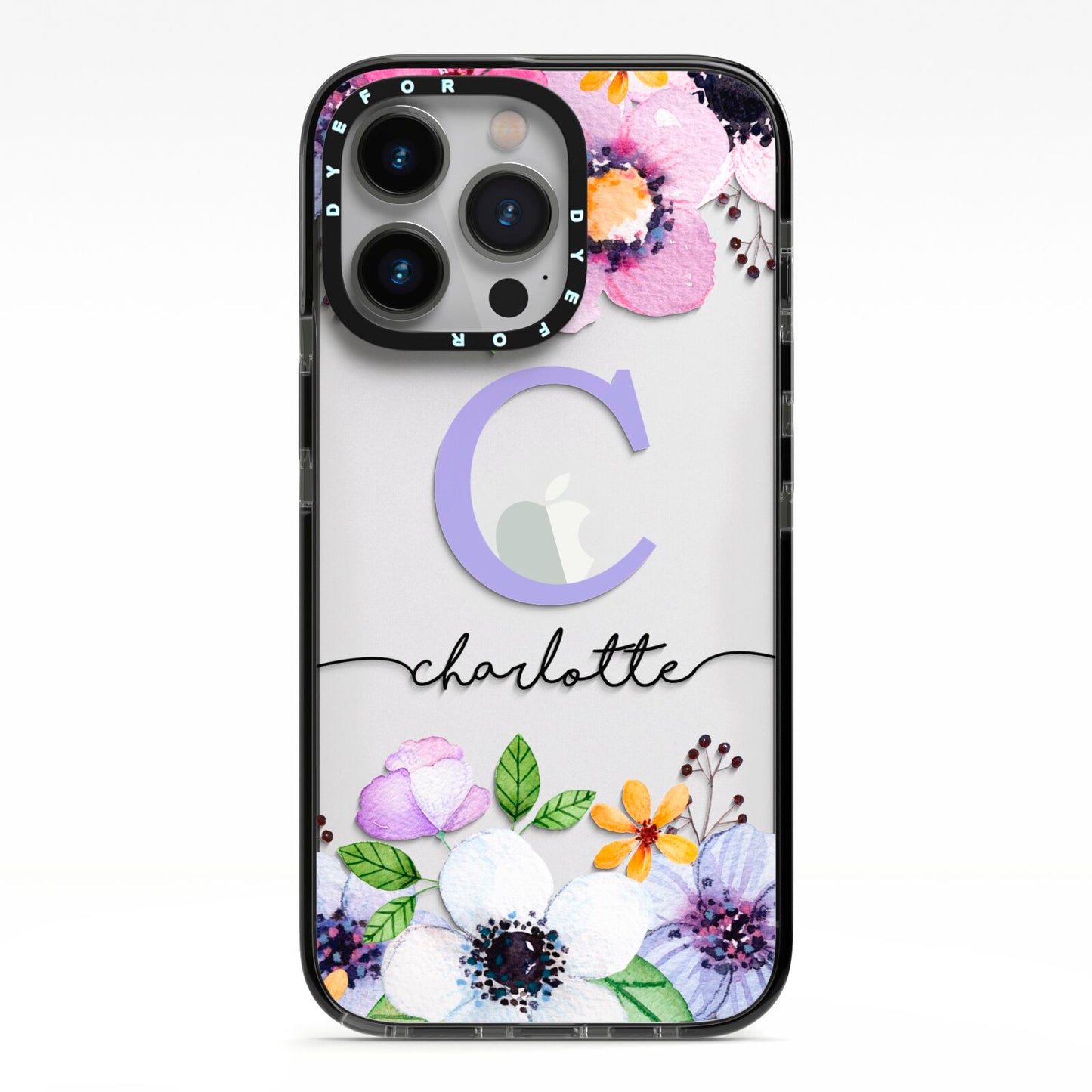 Personalised Violet Flowers iPhone 13 Pro Black Impact Case on Silver phone
