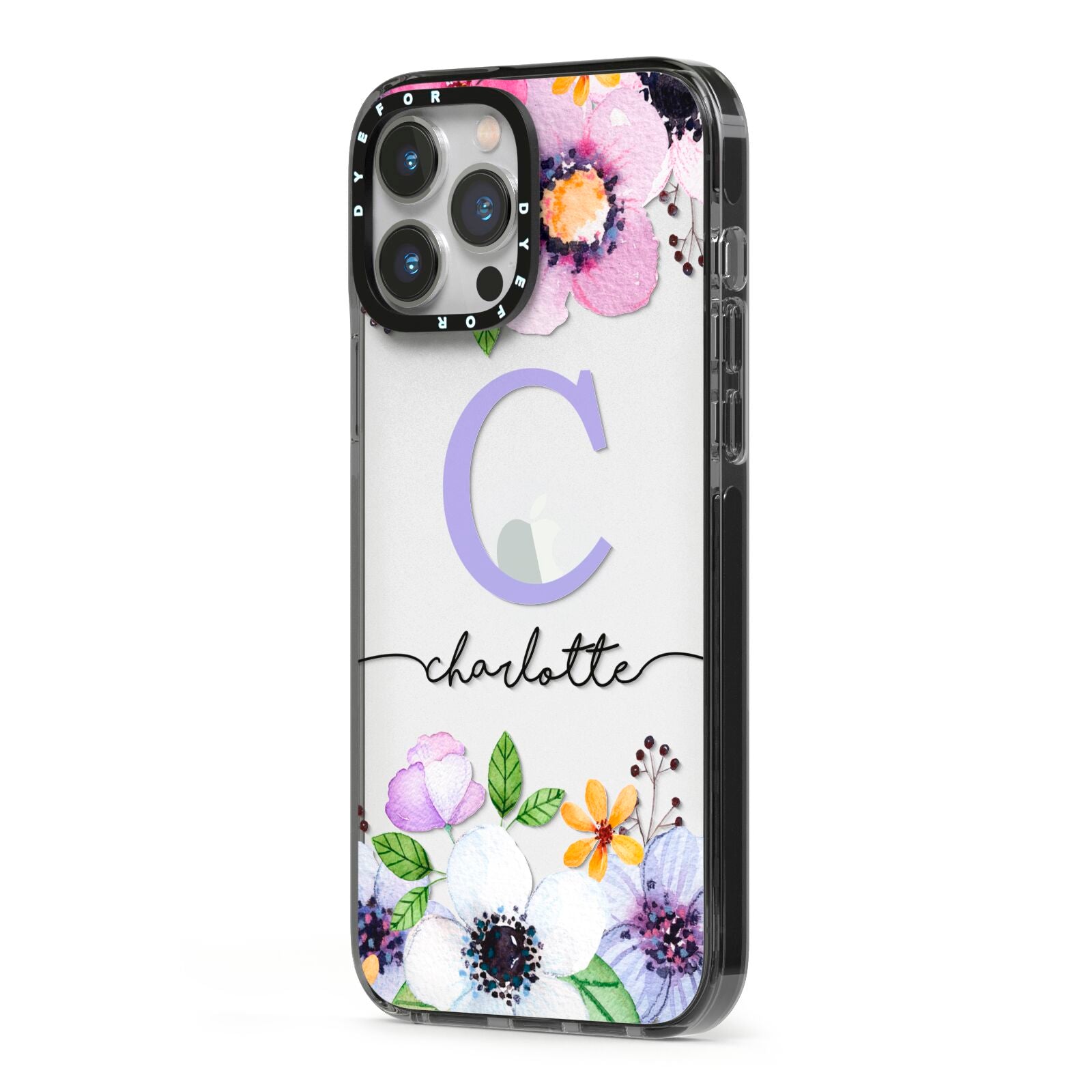 Personalised Violet Flowers iPhone 13 Pro Max Black Impact Case Side Angle on Silver phone