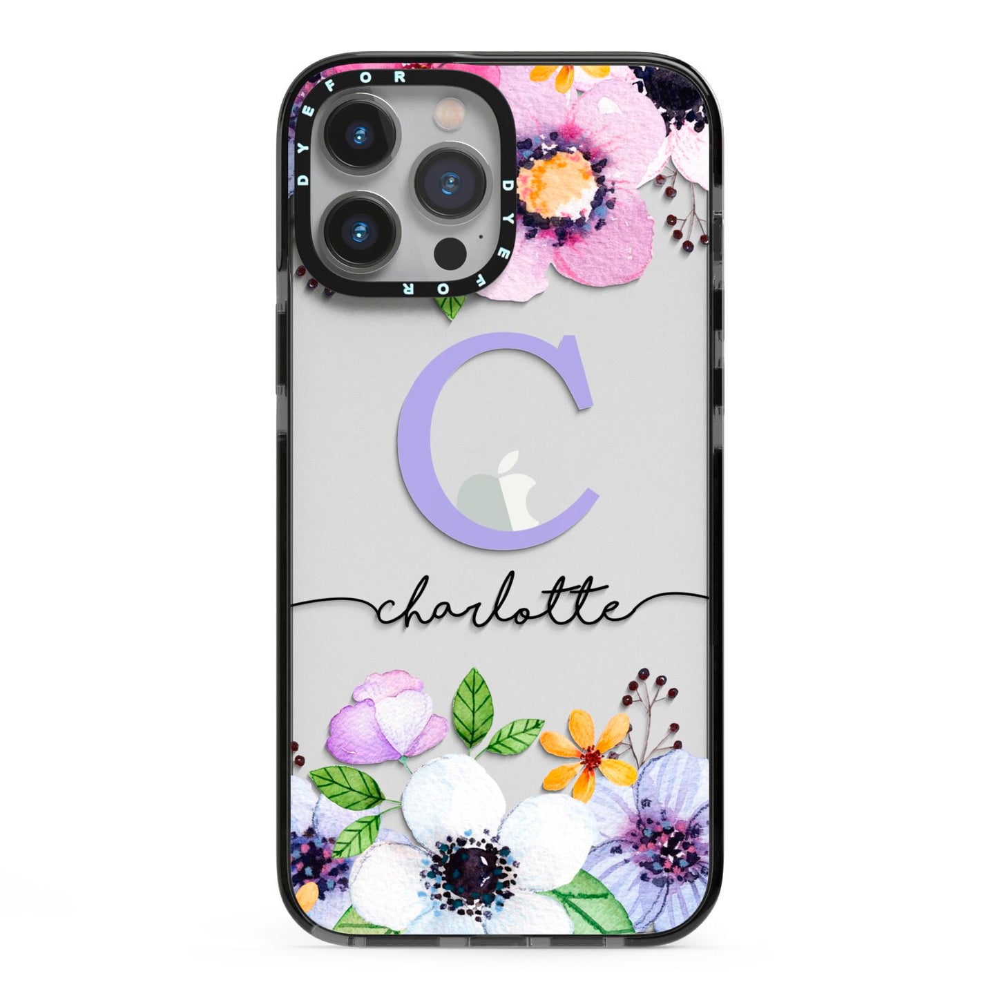 Personalised Violet Flowers iPhone 13 Pro Max Black Impact Case on Silver phone