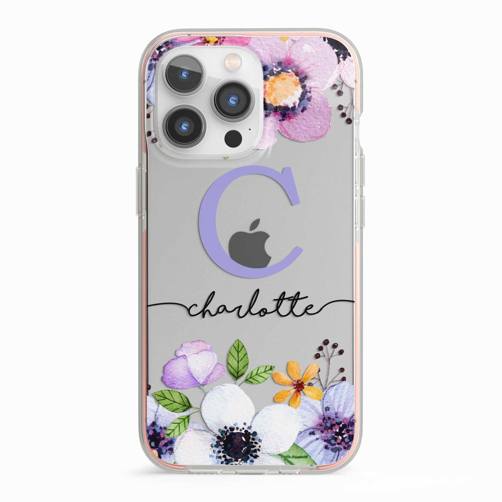 Personalised Violet Flowers iPhone 13 Pro TPU Impact Case with Pink Edges