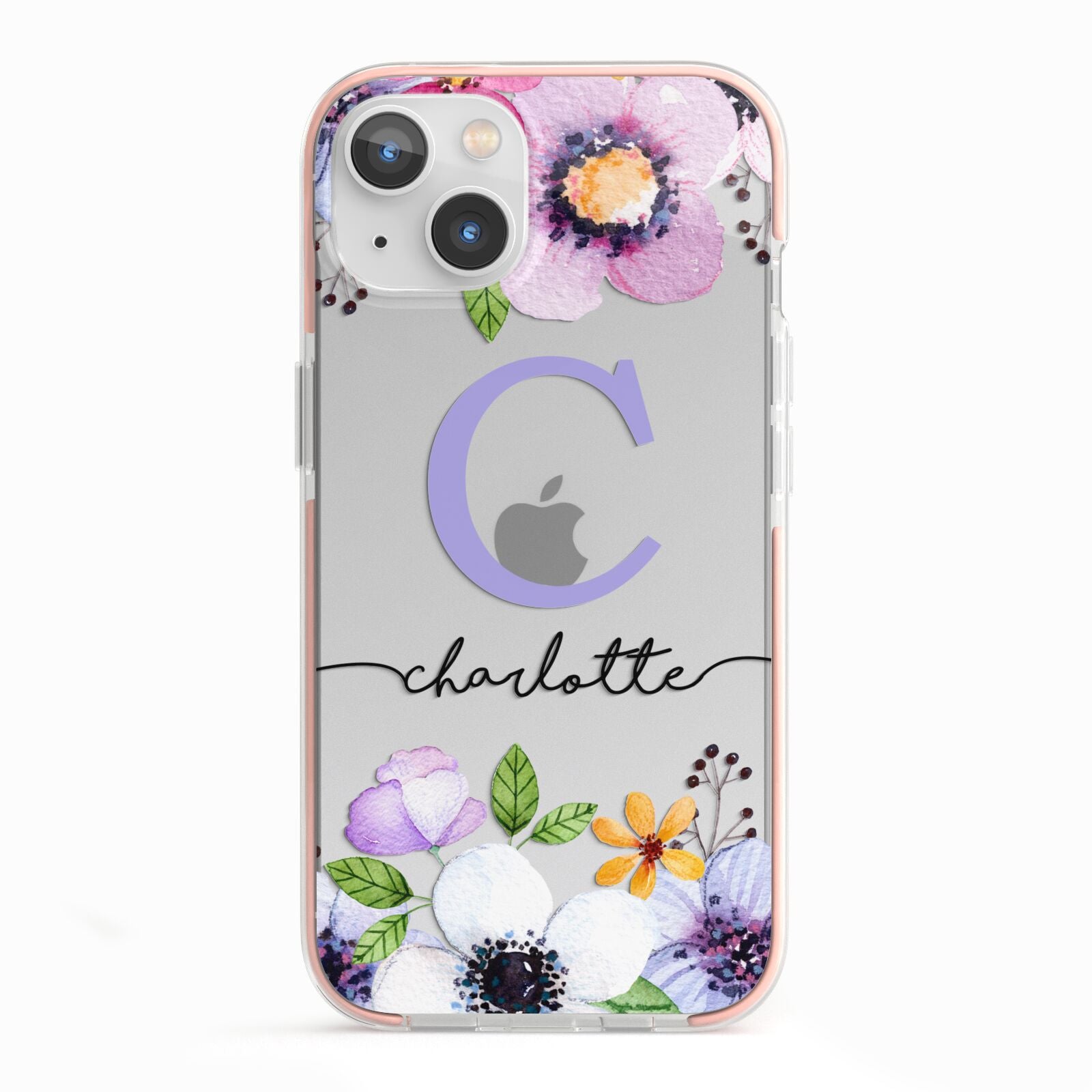 Personalised Violet Flowers iPhone 13 TPU Impact Case with Pink Edges