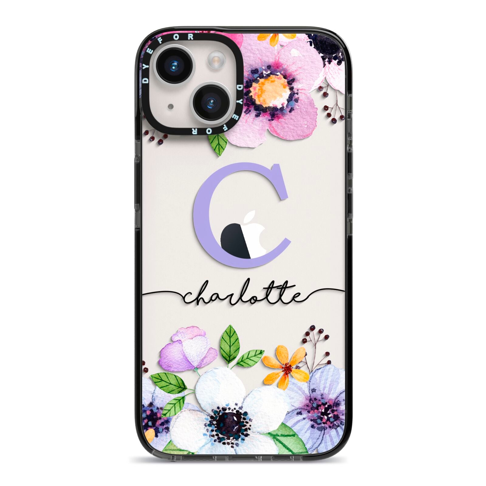 Personalised Violet Flowers iPhone 14 Black Impact Case on Silver phone