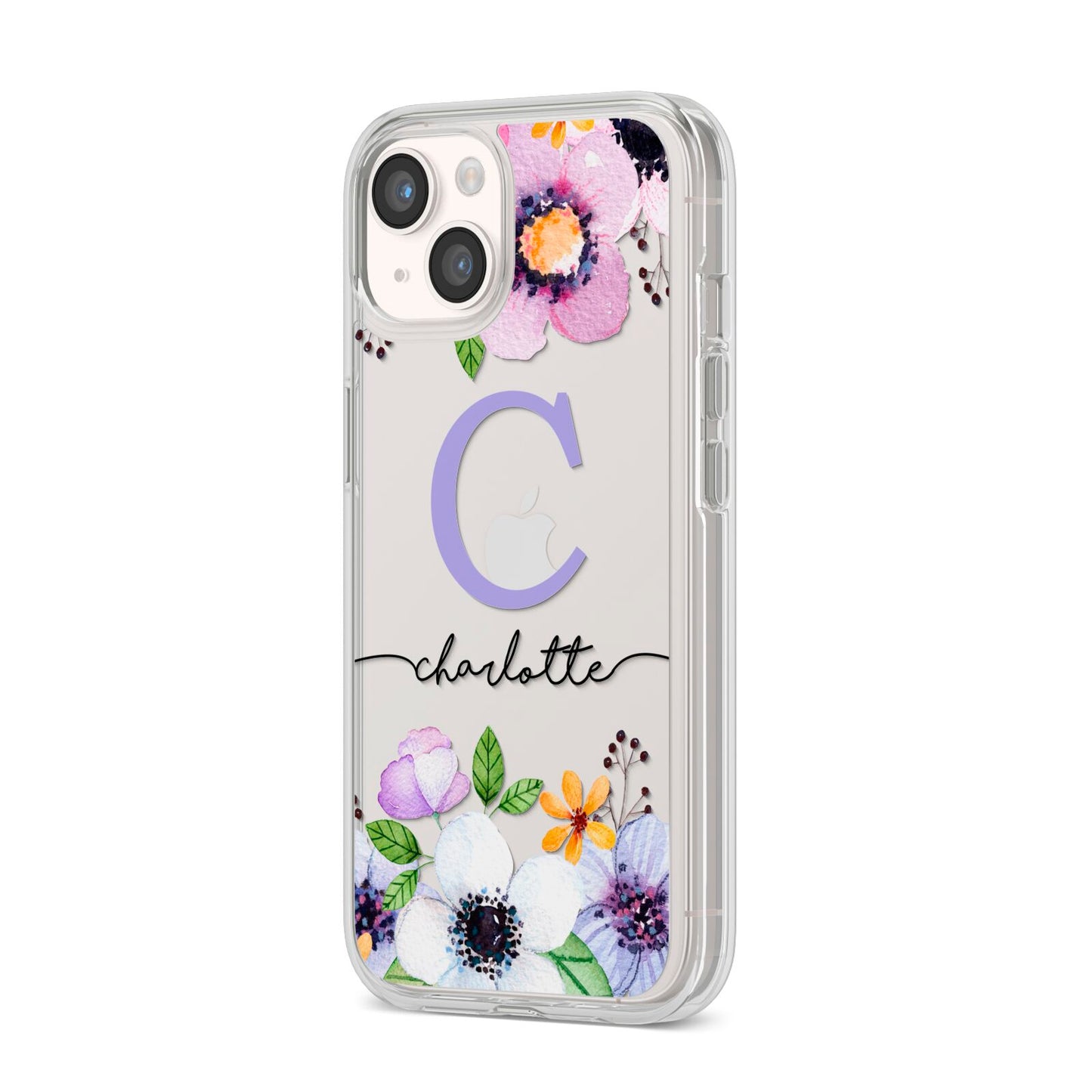 Personalised Violet Flowers iPhone 14 Clear Tough Case Starlight Angled Image
