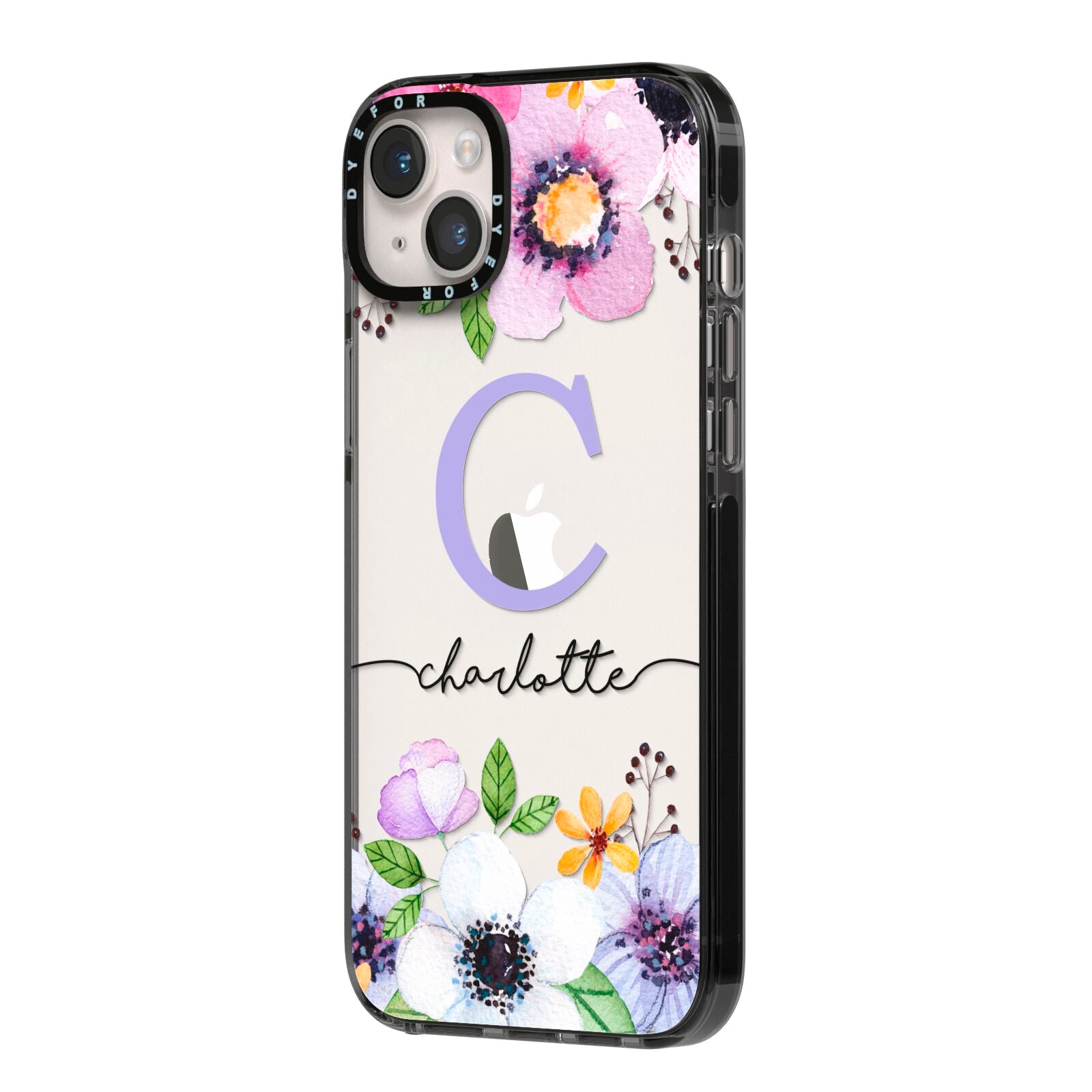 Personalised Violet Flowers iPhone 14 Plus Black Impact Case Side Angle on Silver phone