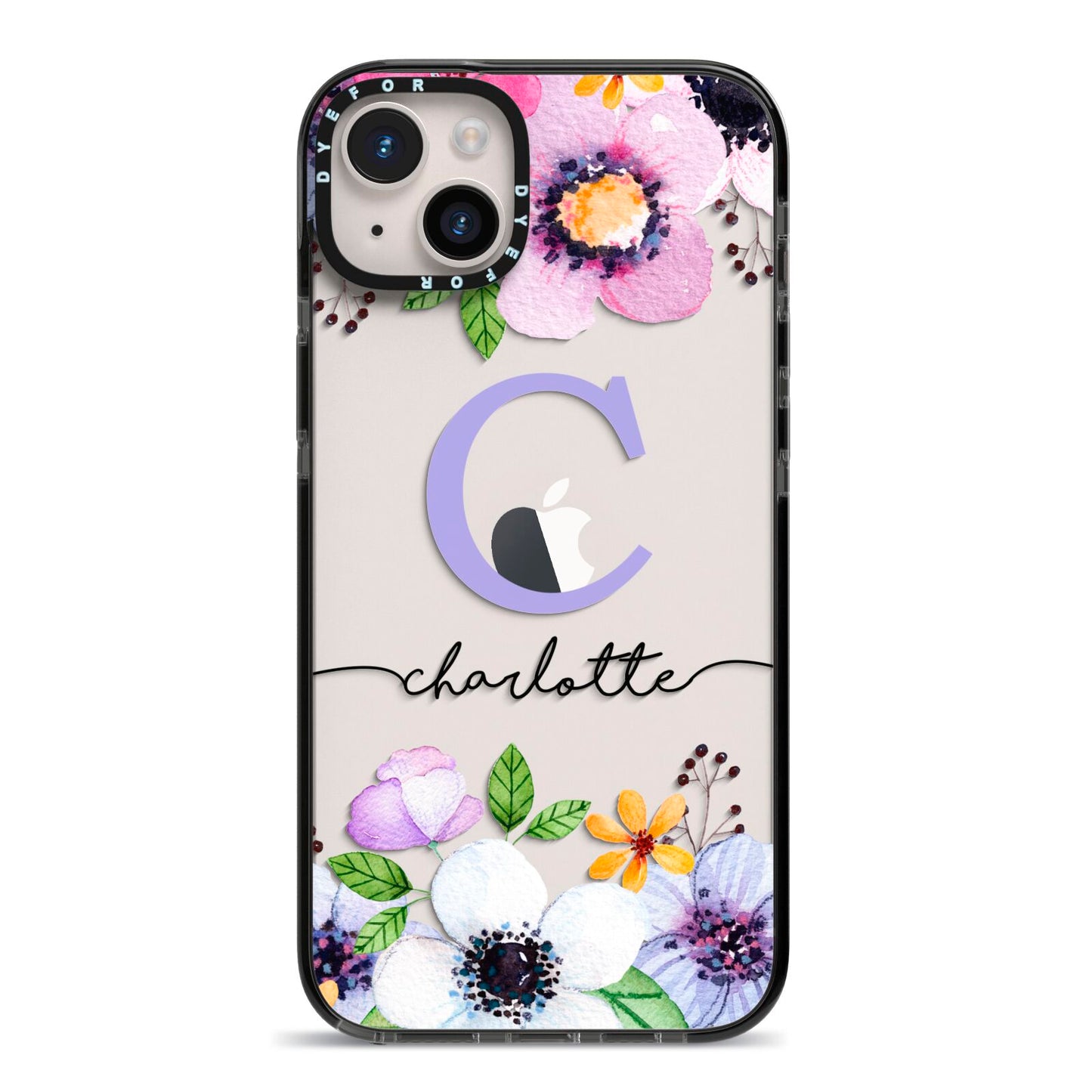 Personalised Violet Flowers iPhone 14 Plus Black Impact Case on Silver phone