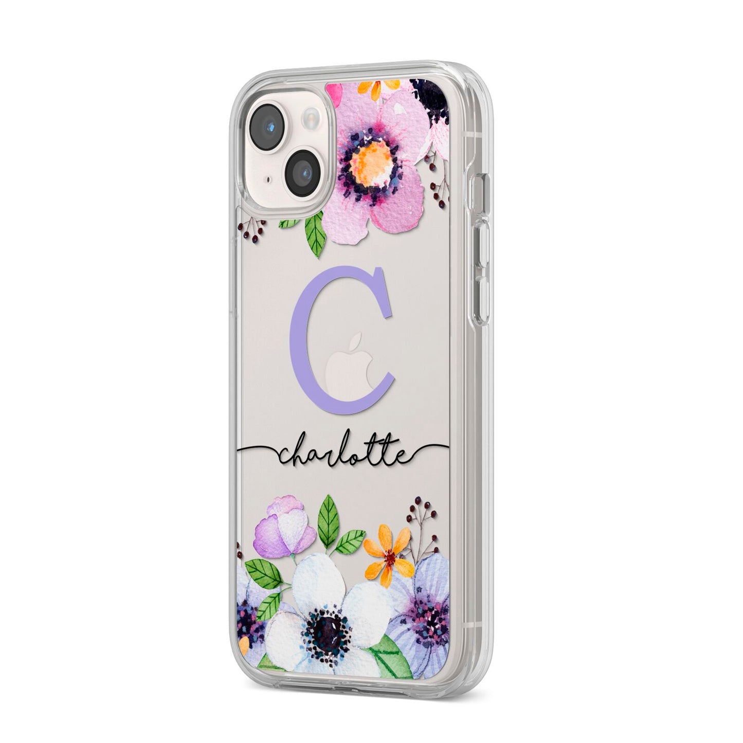 Personalised Violet Flowers iPhone 14 Plus Clear Tough Case Starlight Angled Image