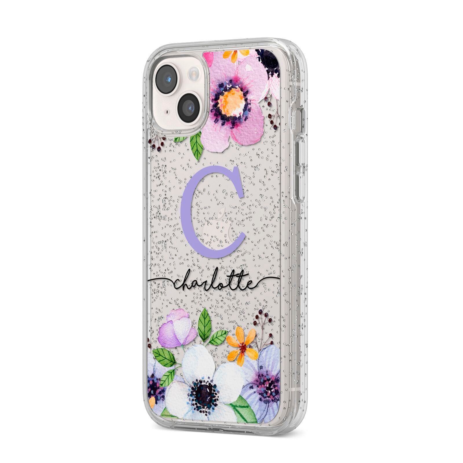 Personalised Violet Flowers iPhone 14 Plus Glitter Tough Case Starlight Angled Image