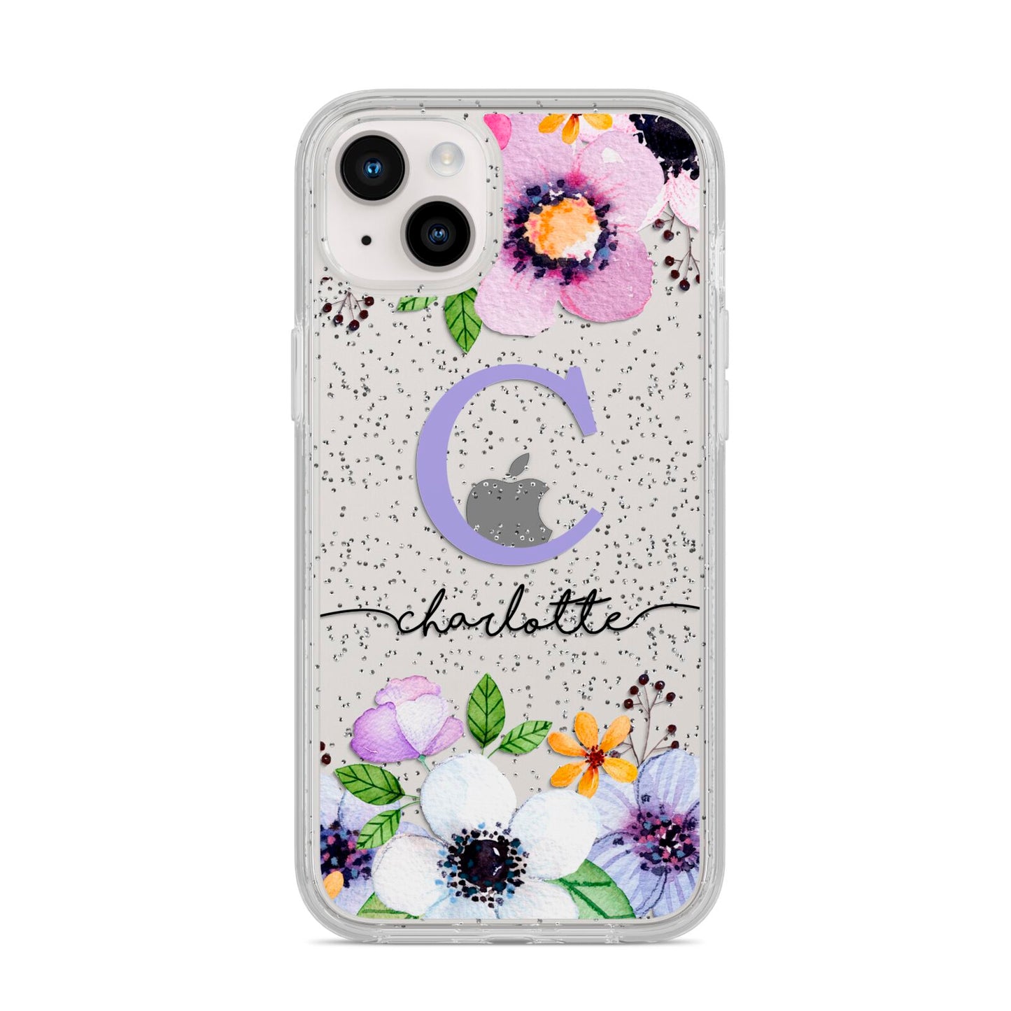 Personalised Violet Flowers iPhone 14 Plus Glitter Tough Case Starlight