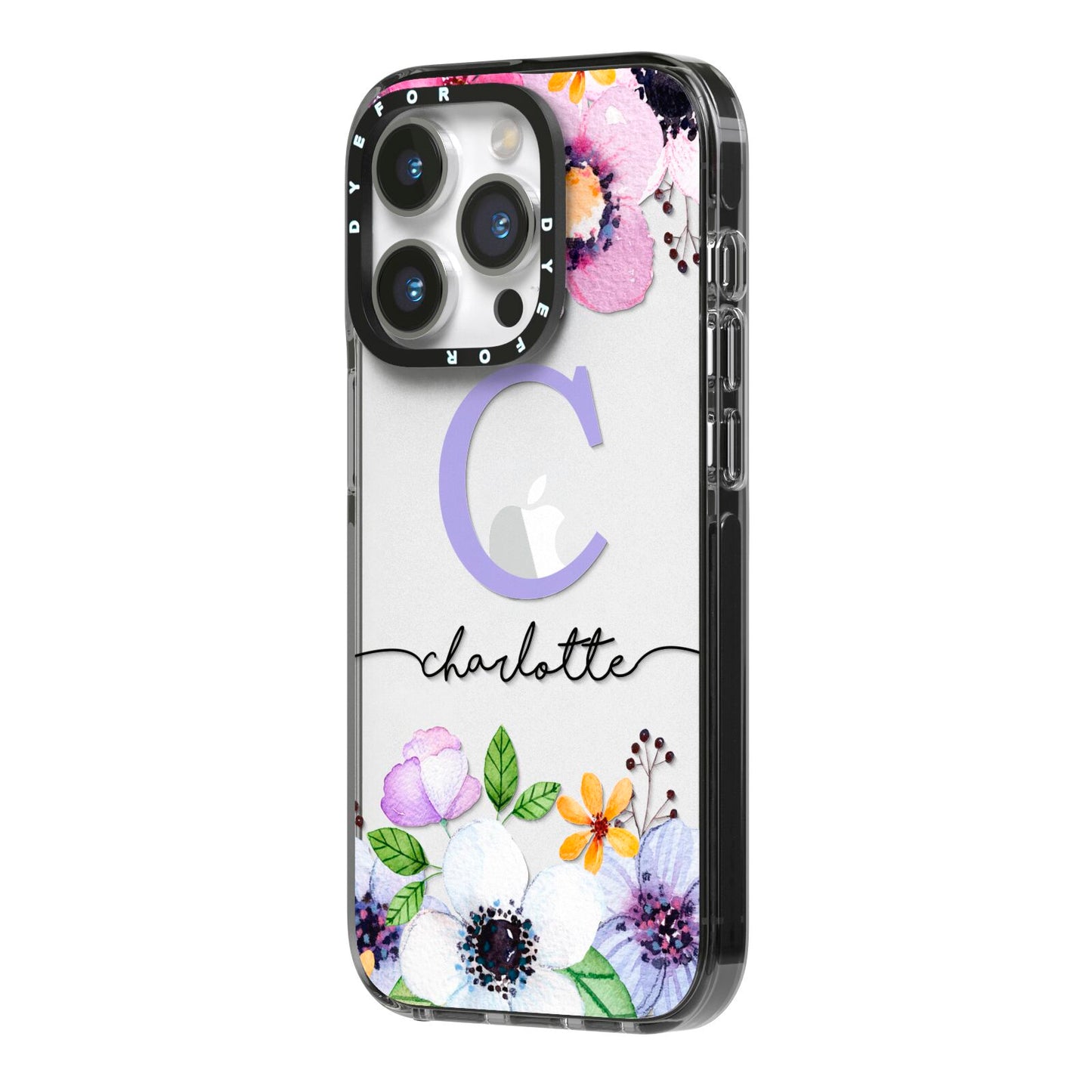 Personalised Violet Flowers iPhone 14 Pro Black Impact Case Side Angle on Silver phone
