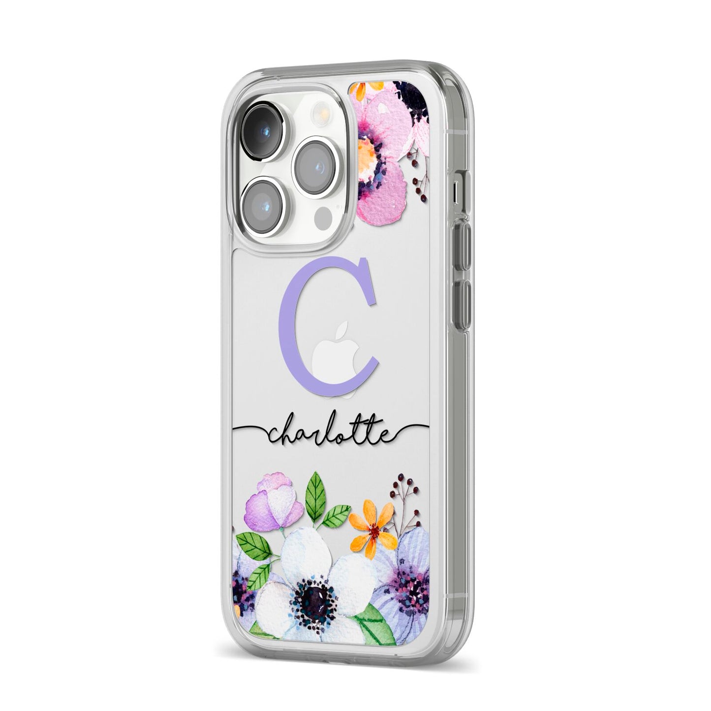 Personalised Violet Flowers iPhone 14 Pro Clear Tough Case Silver Angled Image