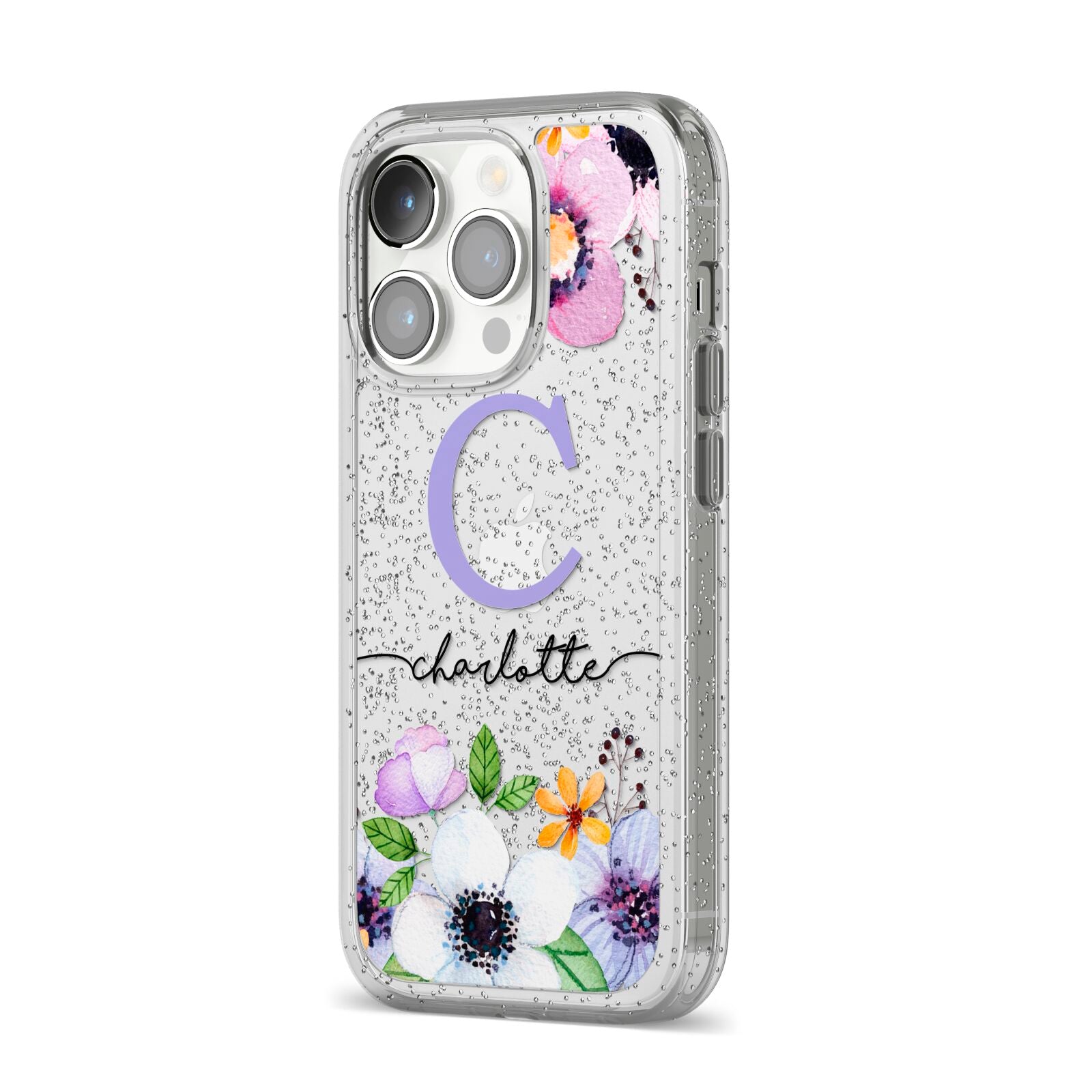Personalised Violet Flowers iPhone 14 Pro Glitter Tough Case Silver Angled Image