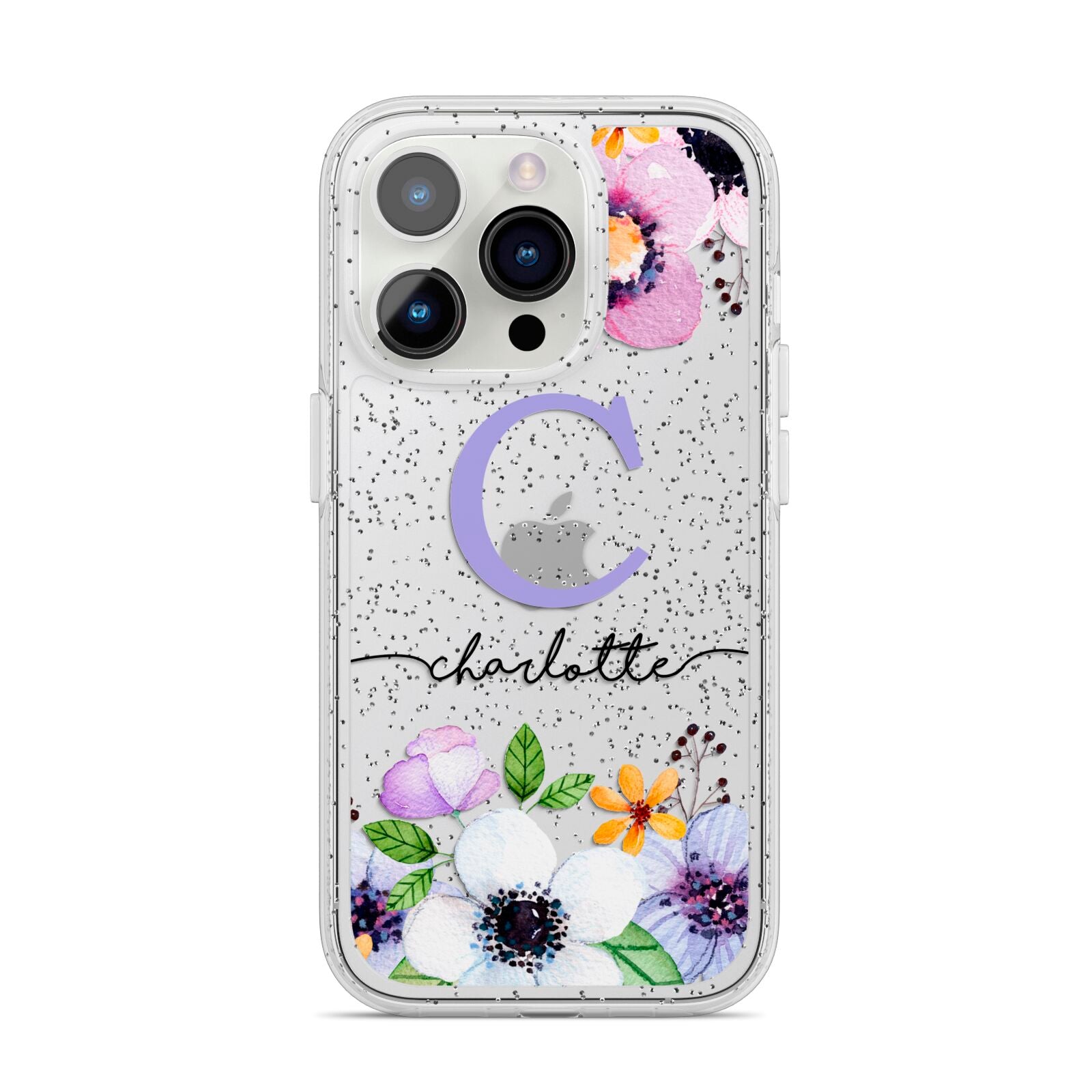 Personalised Violet Flowers iPhone 14 Pro Glitter Tough Case Silver