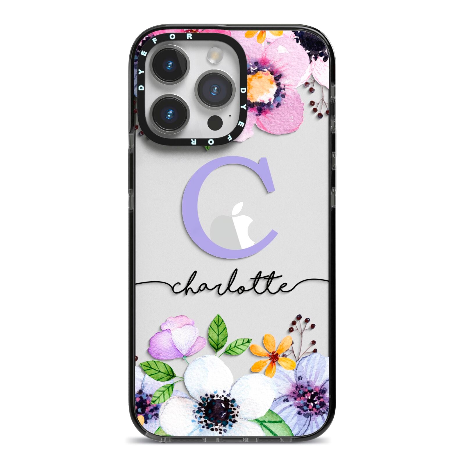 Personalised Violet Flowers iPhone 14 Pro Max Black Impact Case on Silver phone