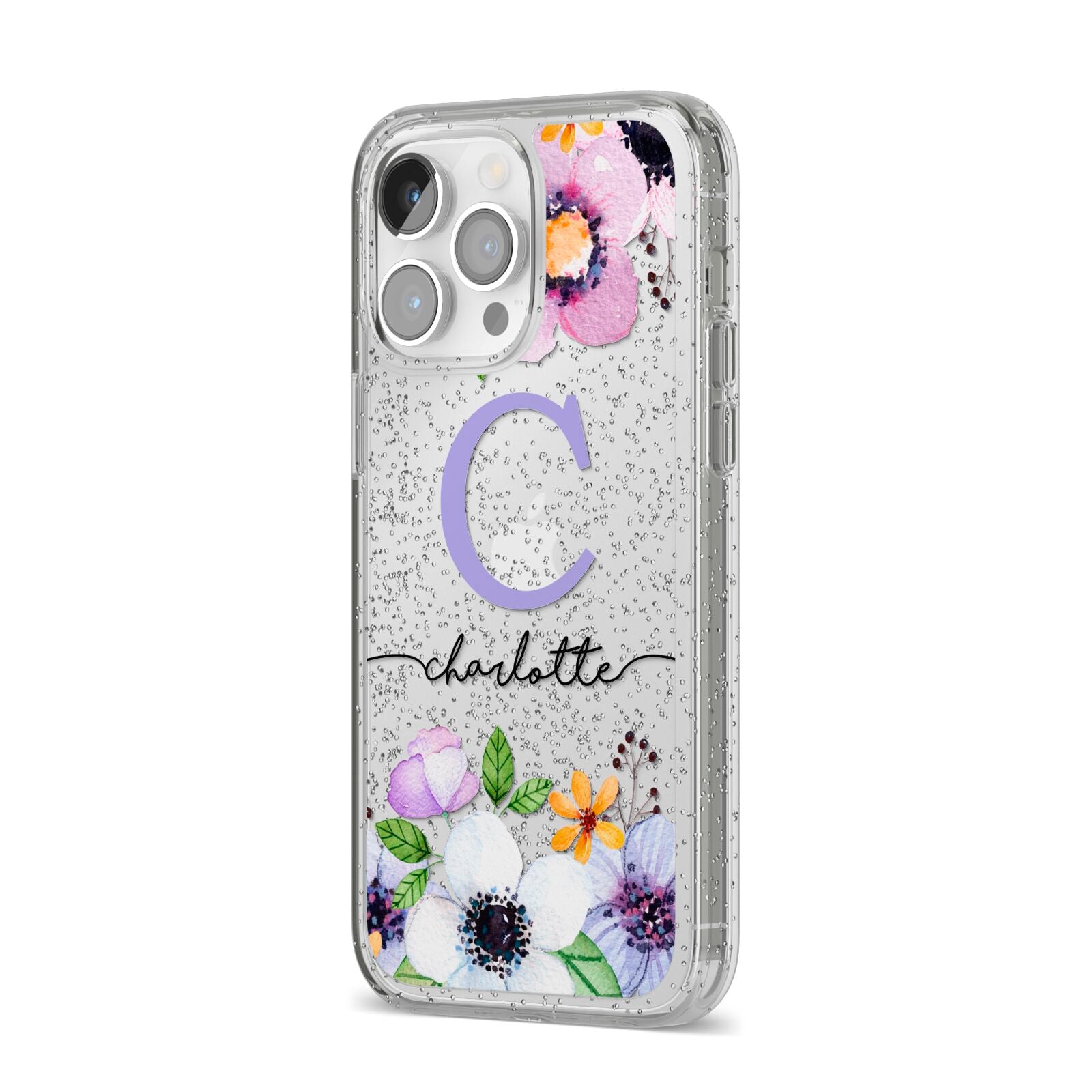 Personalised Violet Flowers iPhone 14 Pro Max Glitter Tough Case Silver Angled Image