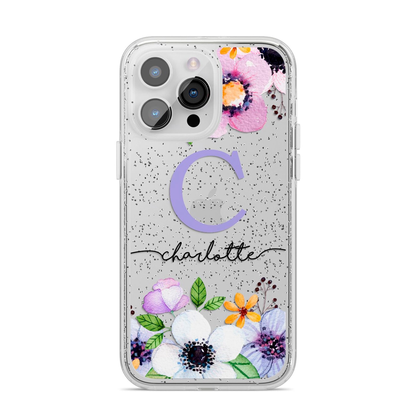 Personalised Violet Flowers iPhone 14 Pro Max Glitter Tough Case Silver