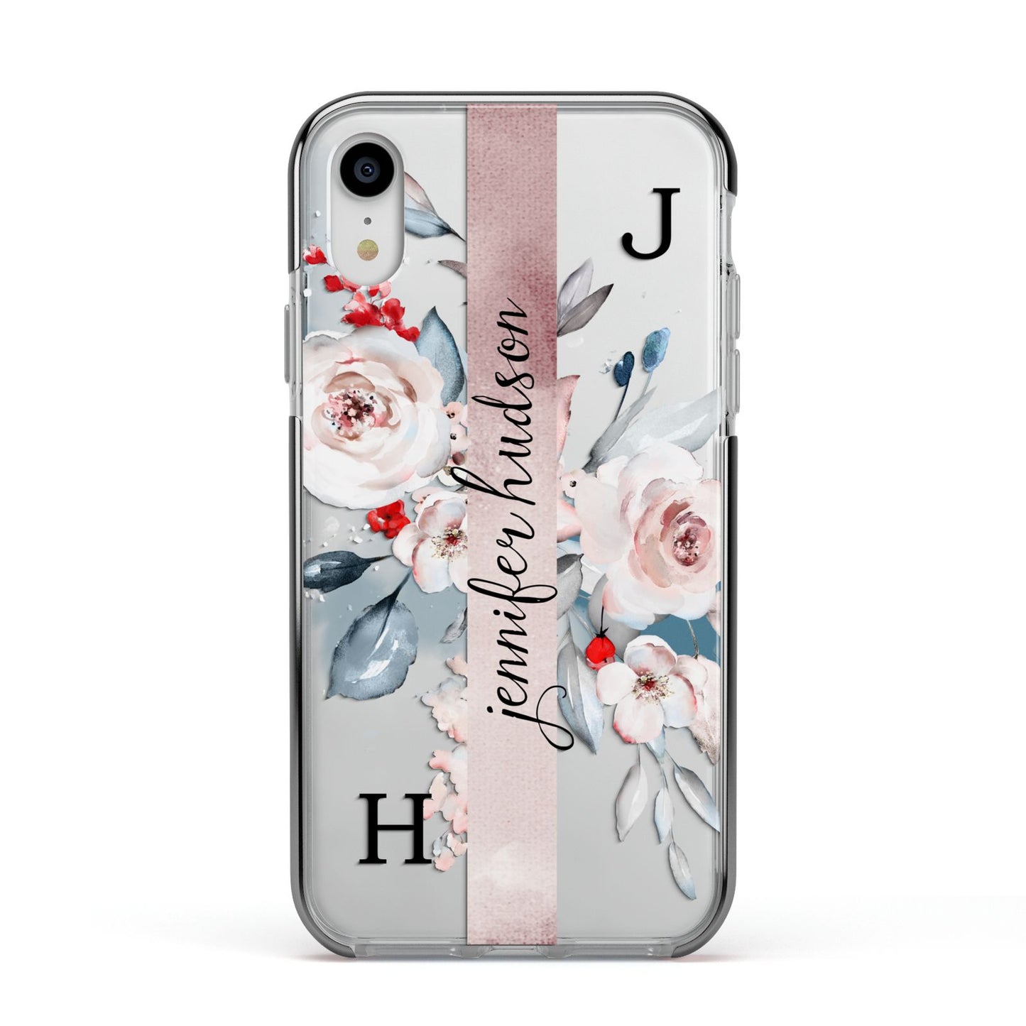 Personalised Watercolour Bouquet Roses Apple iPhone XR Impact Case Black Edge on Silver Phone