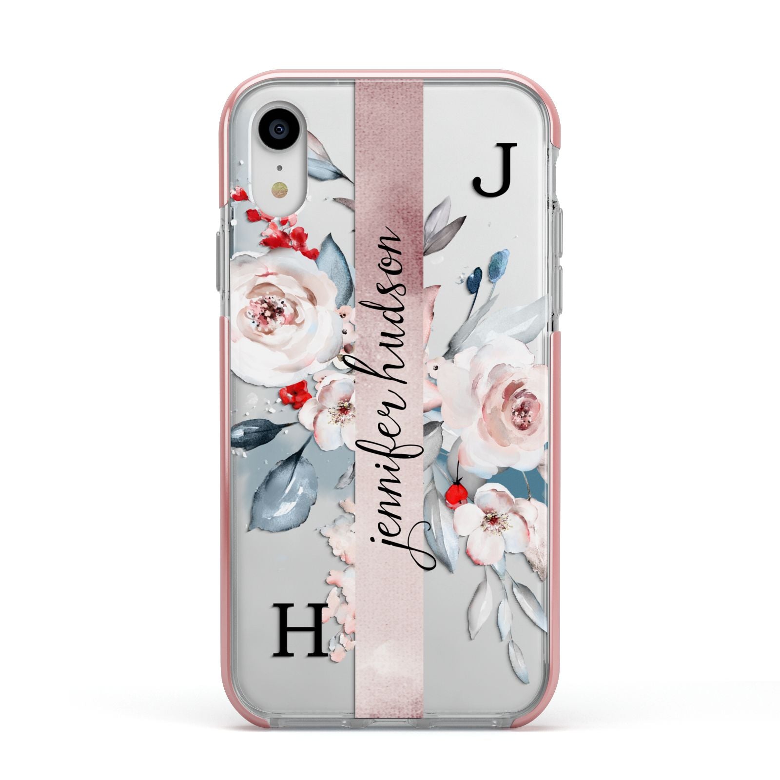 Personalised Watercolour Bouquet Roses Apple iPhone XR Impact Case Pink Edge on Silver Phone