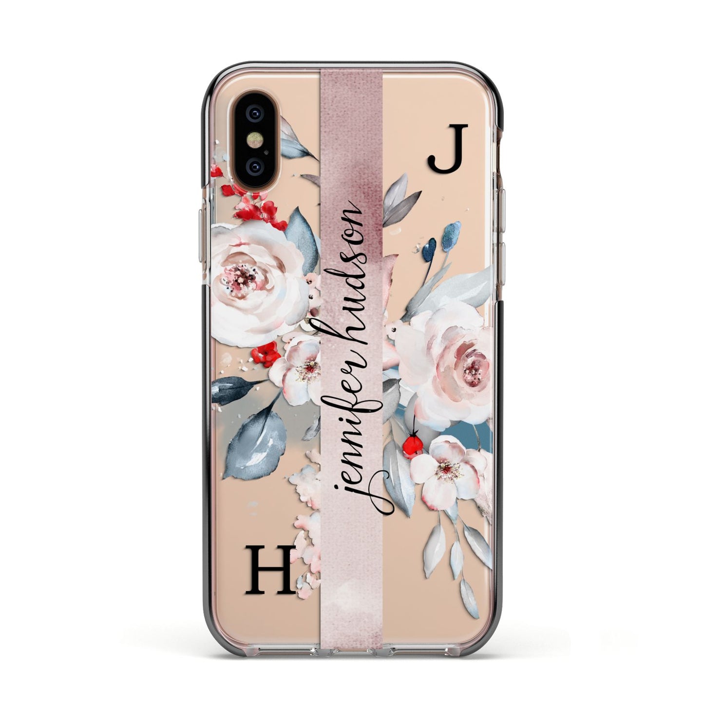 Personalised Watercolour Bouquet Roses Apple iPhone Xs Impact Case Black Edge on Gold Phone