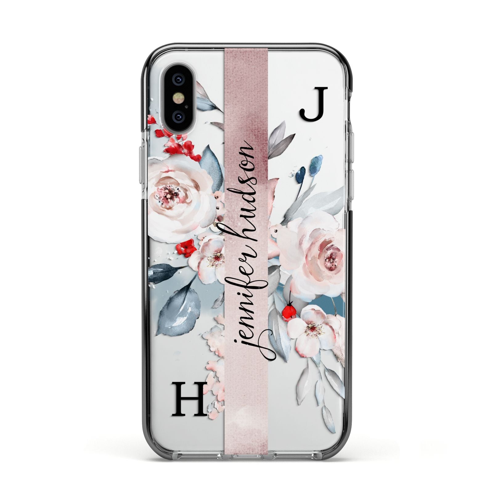 Personalised Watercolour Bouquet Roses Apple iPhone Xs Impact Case Black Edge on Silver Phone