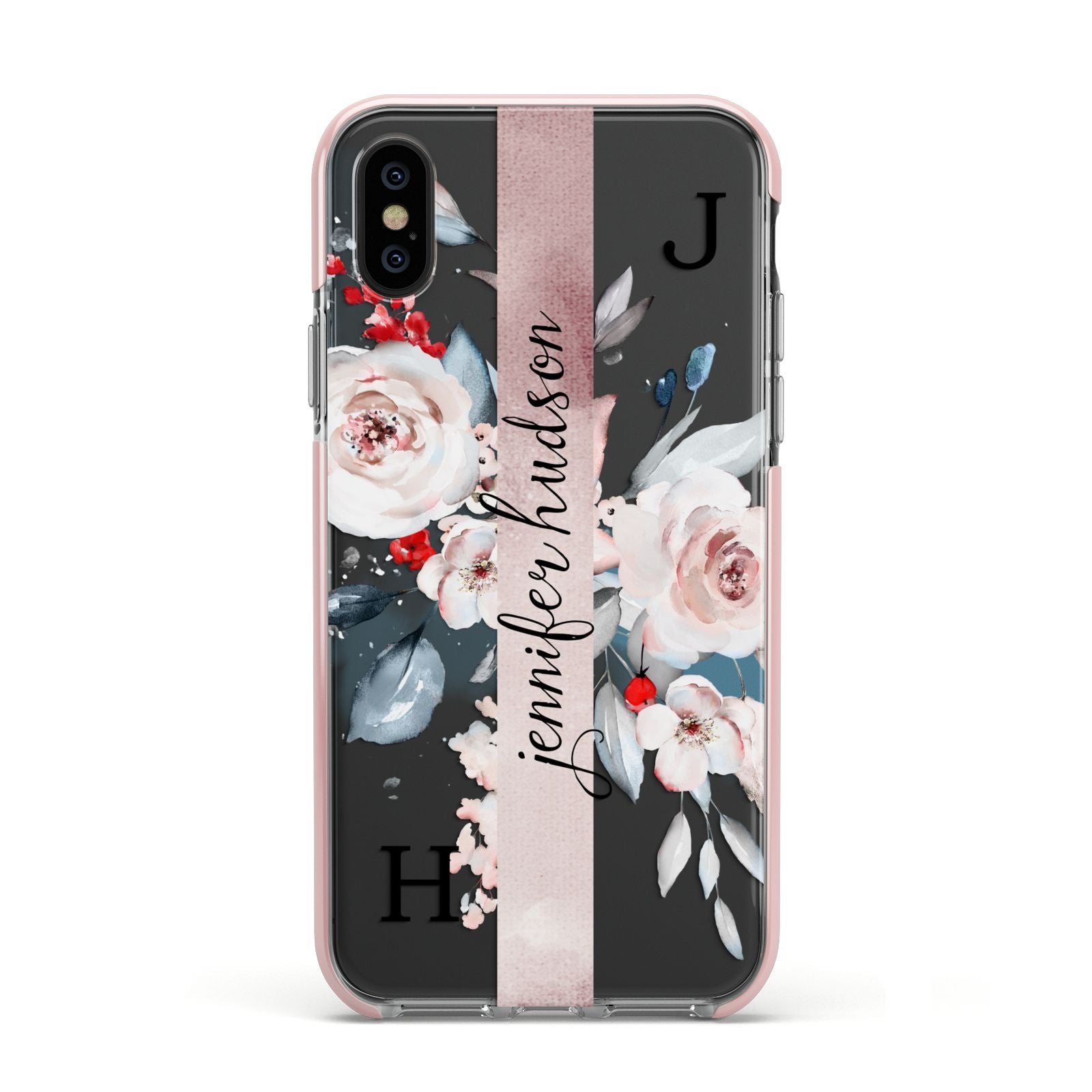 Personalised Watercolour Bouquet Roses Apple iPhone Xs Impact Case Pink Edge on Black Phone