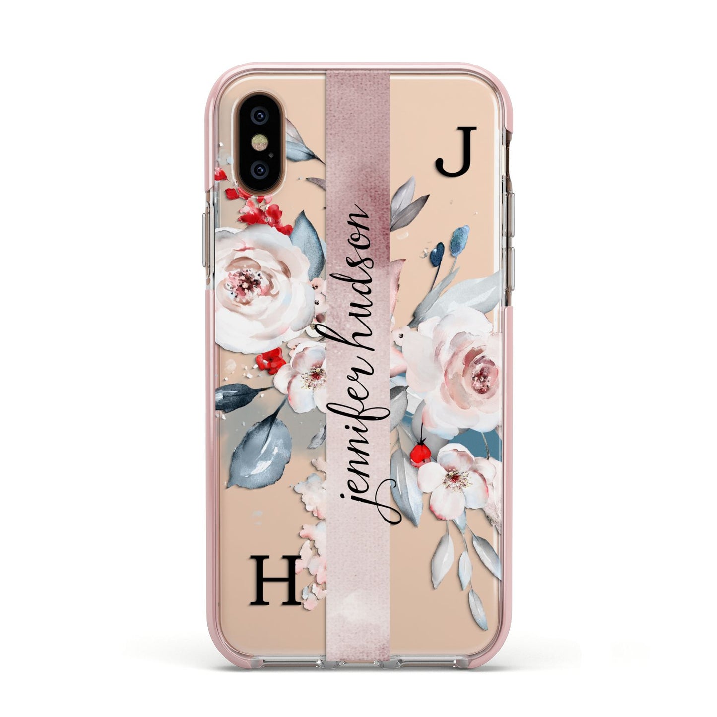Personalised Watercolour Bouquet Roses Apple iPhone Xs Impact Case Pink Edge on Gold Phone