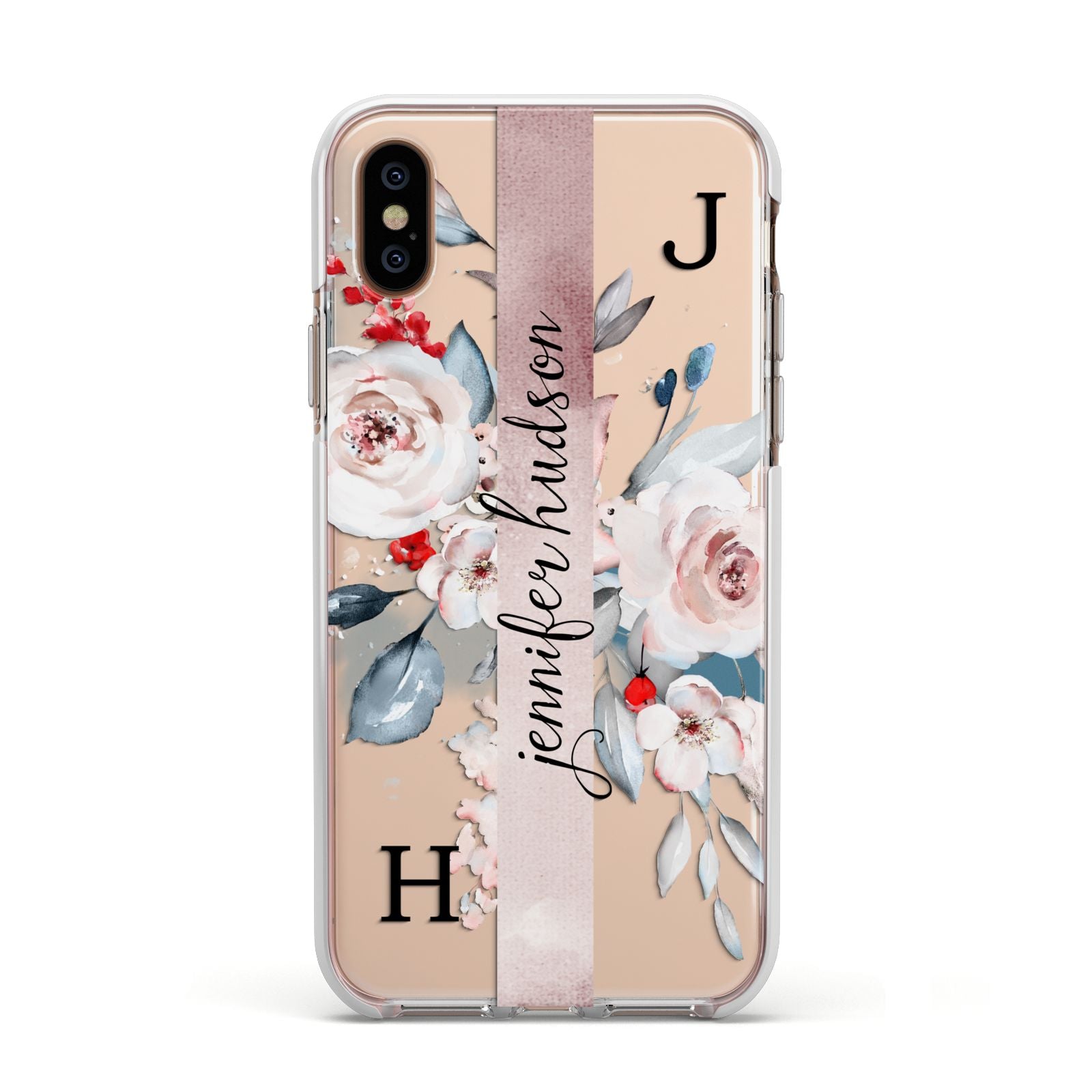 Personalised Watercolour Bouquet Roses Apple iPhone Xs Impact Case White Edge on Gold Phone