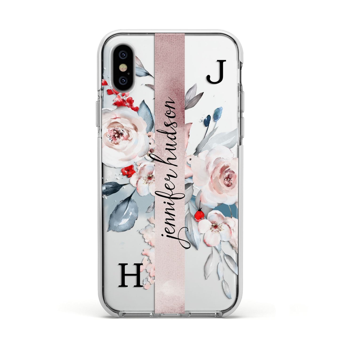 Personalised Watercolour Bouquet Roses Apple iPhone Xs Impact Case White Edge on Silver Phone