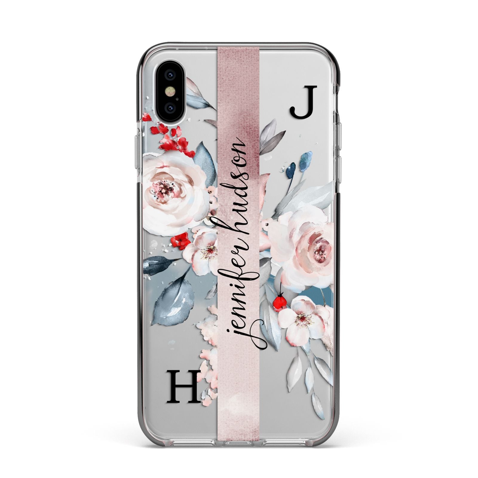 Personalised Watercolour Bouquet Roses Apple iPhone Xs Max Impact Case Black Edge on Silver Phone