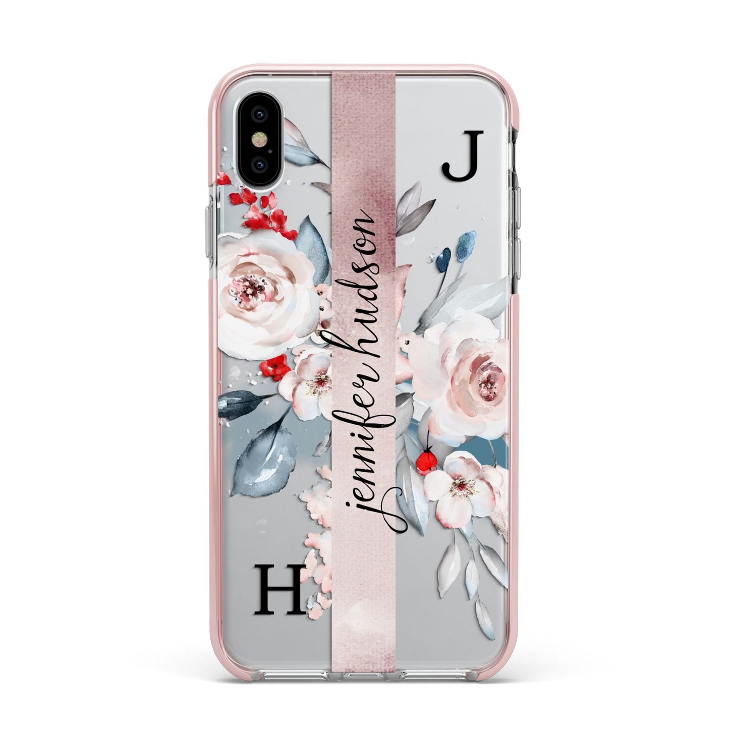 Personalised Watercolour Bouquet Roses Apple iPhone Xs Max Impact Case Pink Edge on Silver Phone