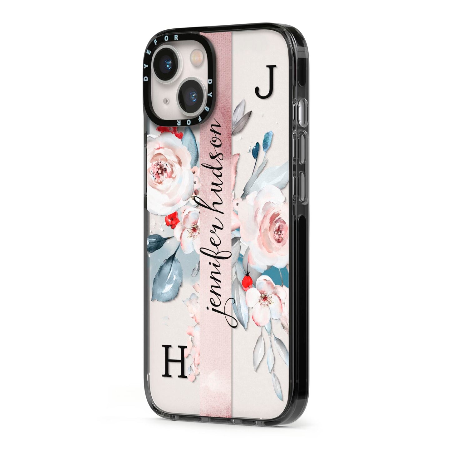 Personalised Watercolour Bouquet Roses iPhone 13 Black Impact Case Side Angle on Silver phone