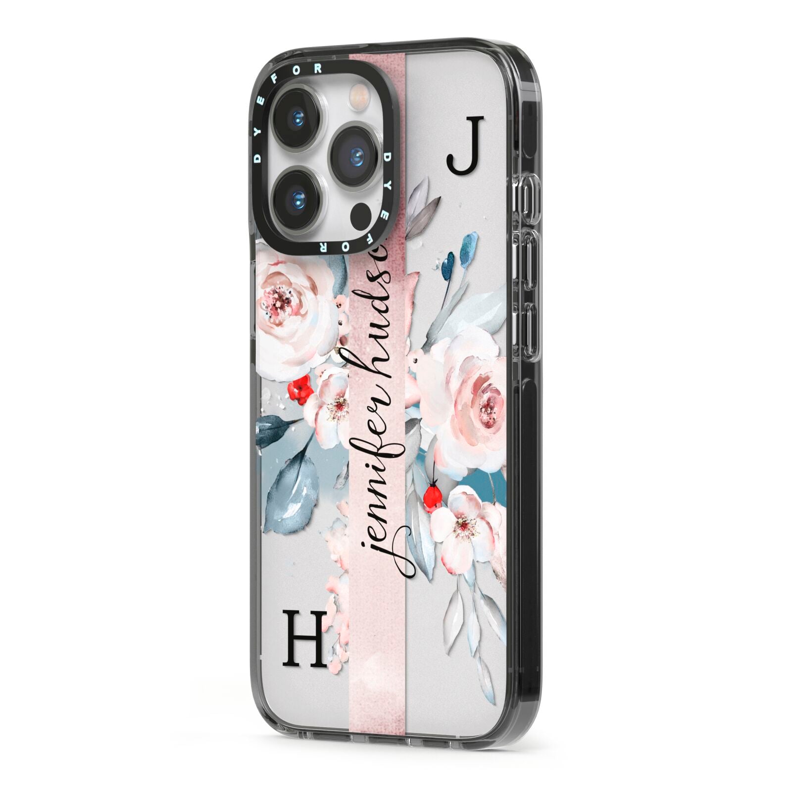 Personalised Watercolour Bouquet Roses iPhone 13 Pro Black Impact Case Side Angle on Silver phone