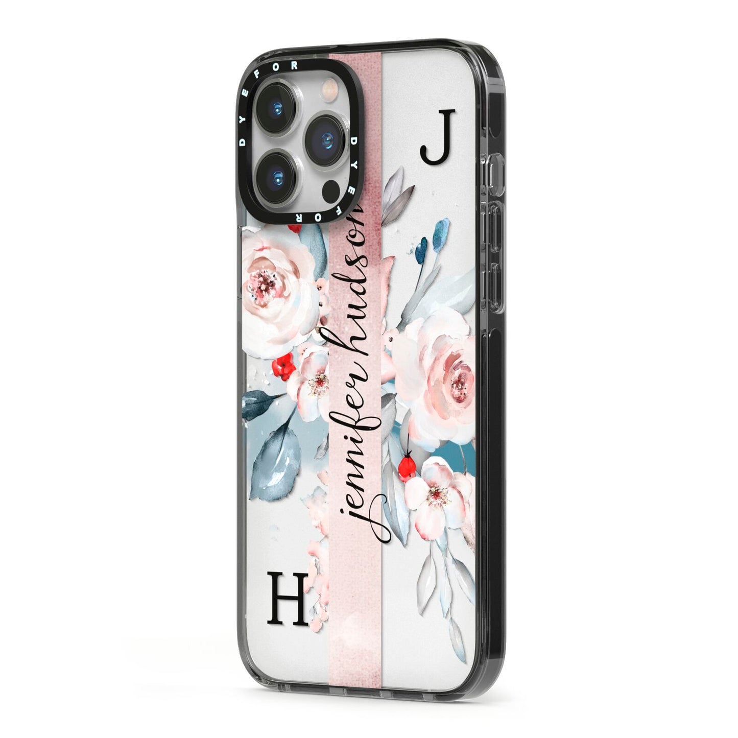 Personalised Watercolour Bouquet Roses iPhone 13 Pro Max Black Impact Case Side Angle on Silver phone
