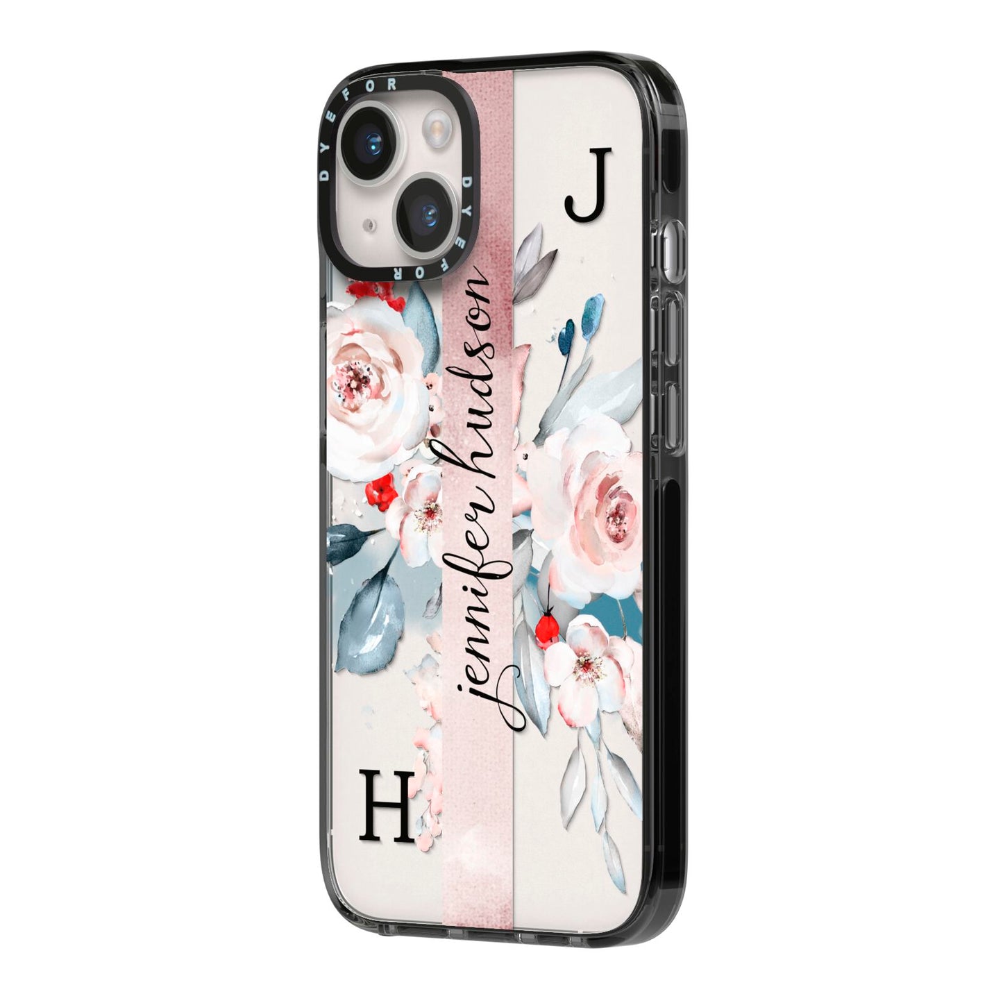 Personalised Watercolour Bouquet Roses iPhone 14 Black Impact Case Side Angle on Silver phone