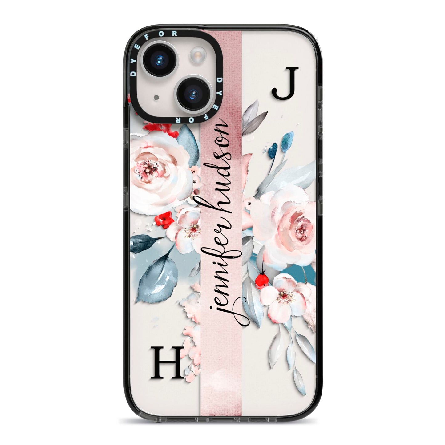 Personalised Watercolour Bouquet Roses iPhone 14 Black Impact Case on Silver phone