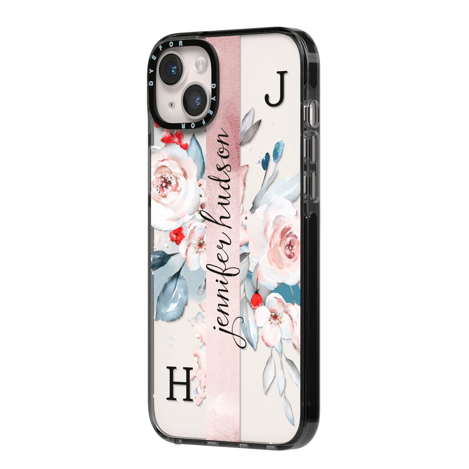 Personalised Watercolour Bouquet Roses iPhone 14 Plus Black Impact Case Side Angle on Silver phone