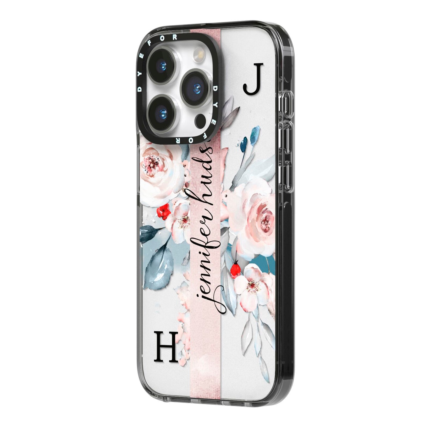 Personalised Watercolour Bouquet Roses iPhone 14 Pro Black Impact Case Side Angle on Silver phone