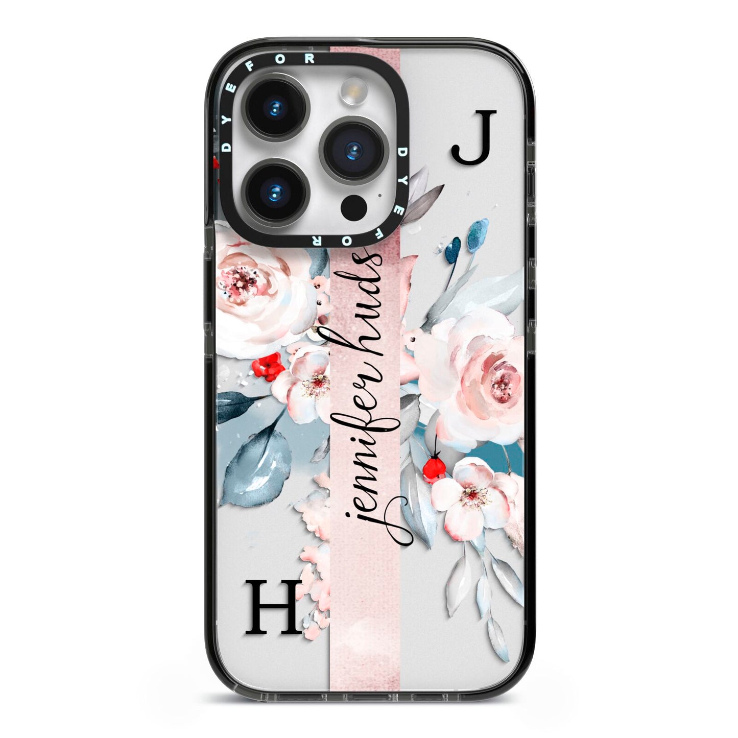 Personalised Watercolour Bouquet Roses iPhone 14 Pro Black Impact Case on Silver phone