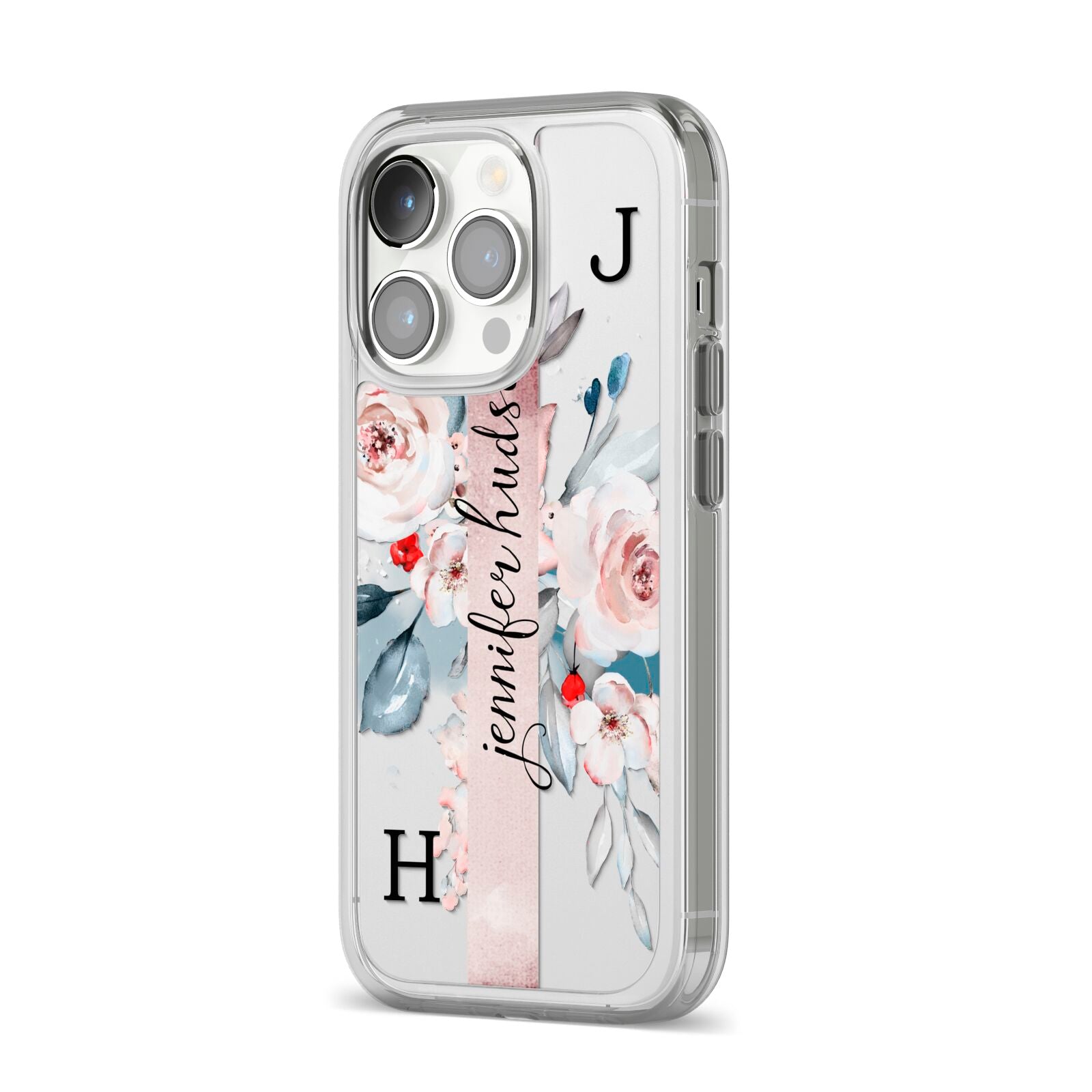 Personalised Watercolour Bouquet Roses iPhone 14 Pro Clear Tough Case Silver Angled Image