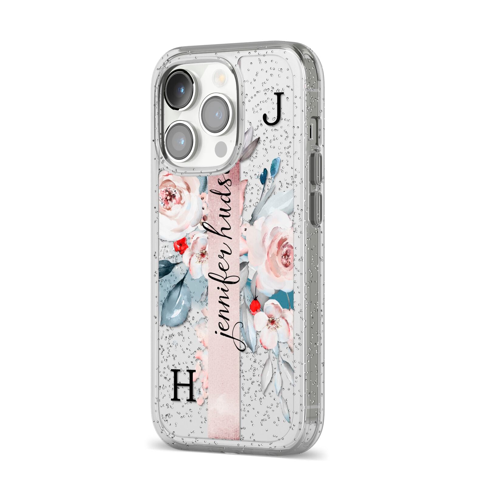 Personalised Watercolour Bouquet Roses iPhone 14 Pro Glitter Tough Case Silver Angled Image