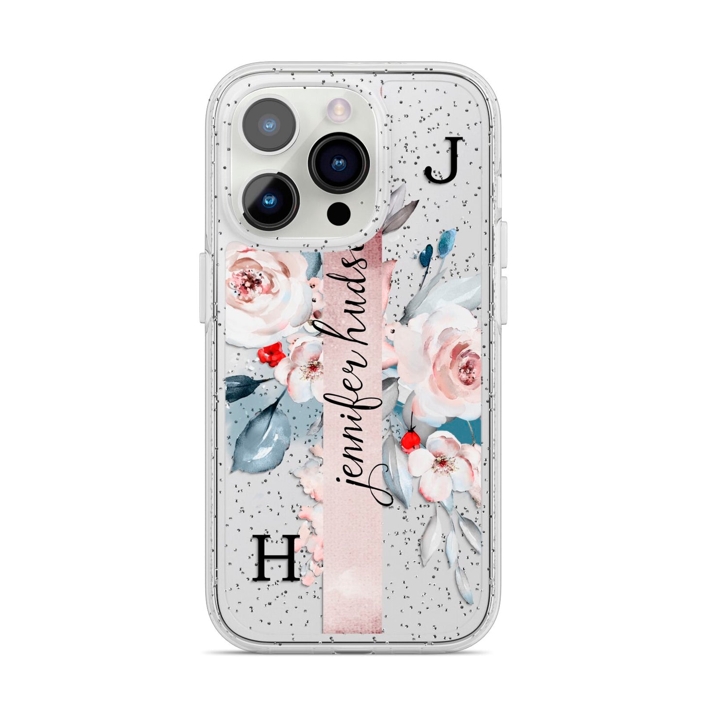 Personalised Watercolour Bouquet Roses iPhone 14 Pro Glitter Tough Case Silver