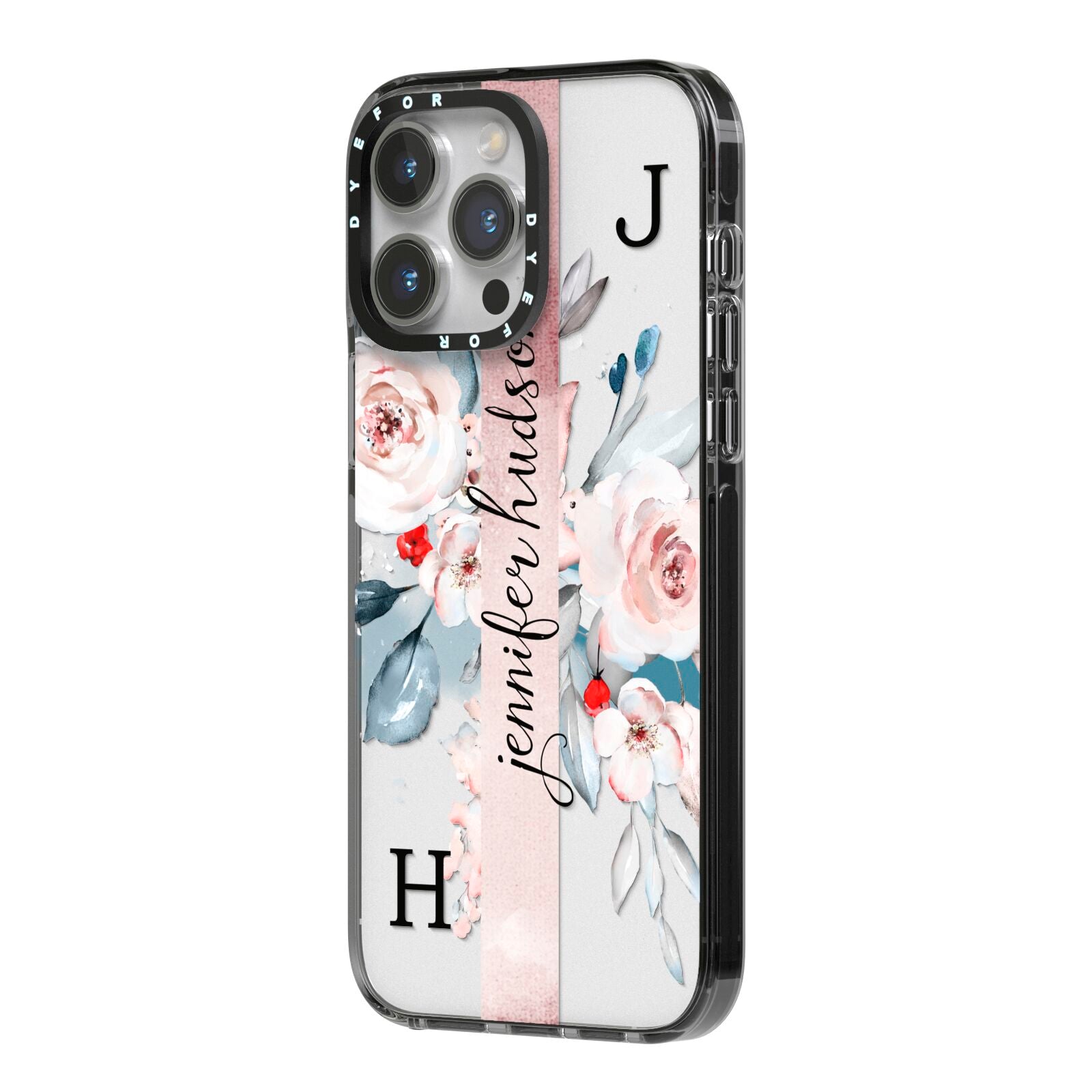 Personalised Watercolour Bouquet Roses iPhone 14 Pro Max Black Impact Case Side Angle on Silver phone