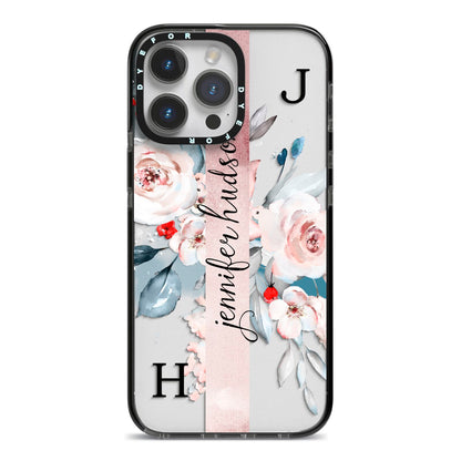 Personalised Watercolour Bouquet Roses iPhone 14 Pro Max Black Impact Case on Silver phone