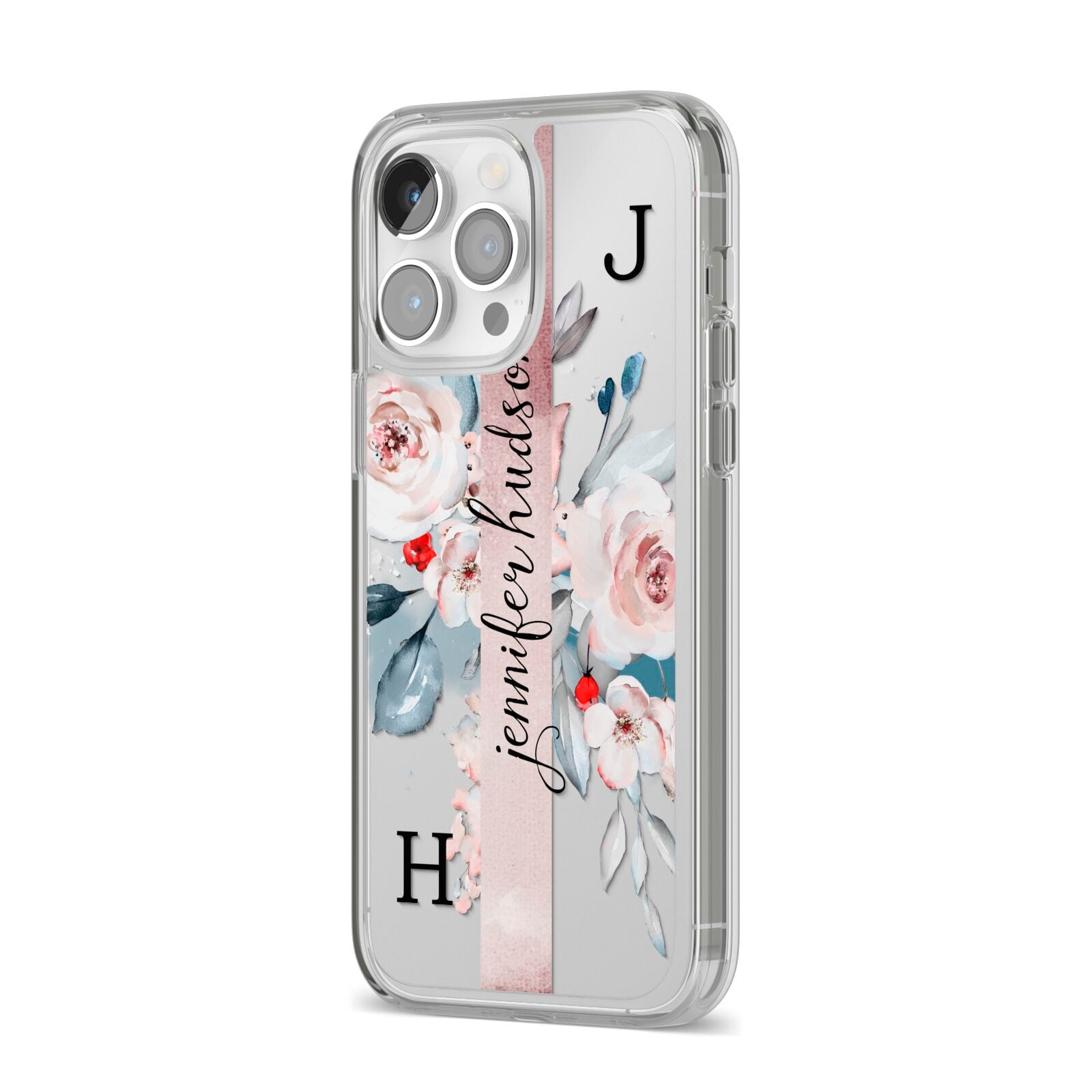Personalised Watercolour Bouquet Roses iPhone 14 Pro Max Clear Tough Case Silver Angled Image
