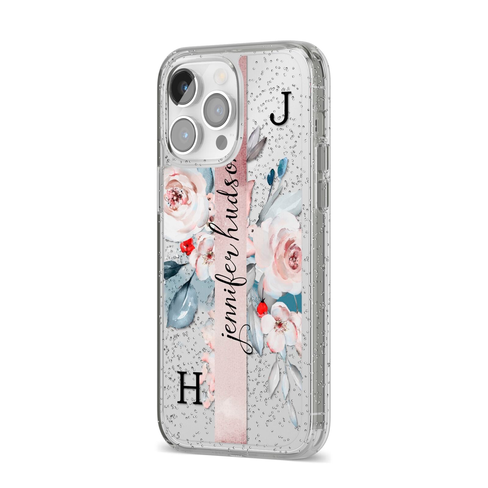 Personalised Watercolour Bouquet Roses iPhone 14 Pro Max Glitter Tough Case Silver Angled Image