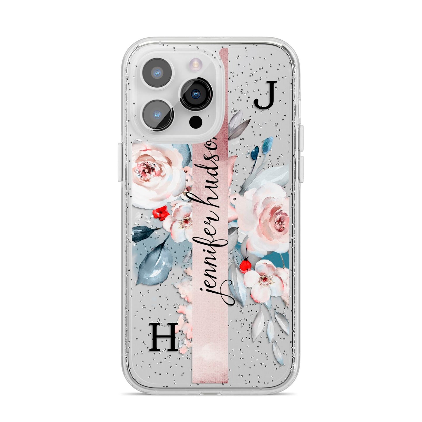 Personalised Watercolour Bouquet Roses iPhone 14 Pro Max Glitter Tough Case Silver